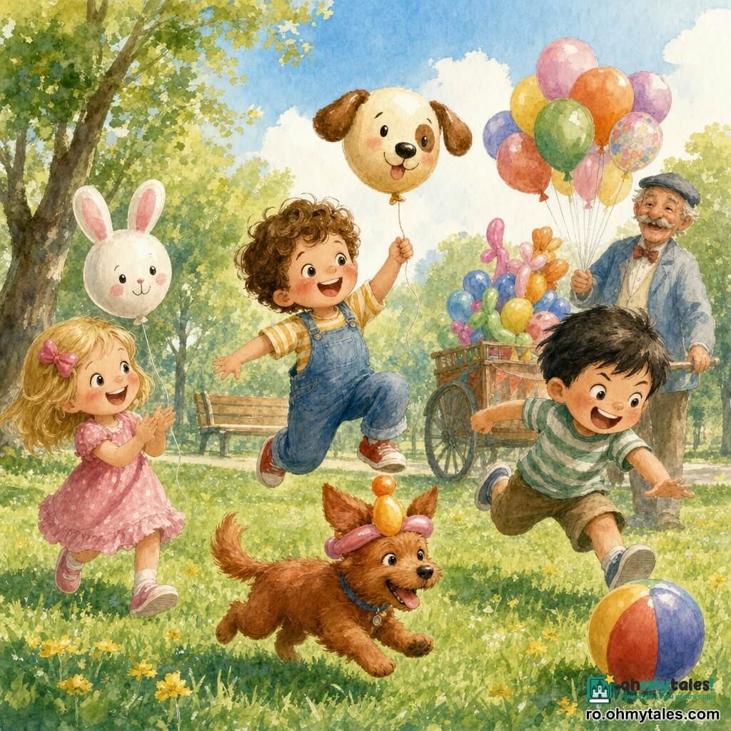 Matei, băiat de 4 ani, vesel cu părul castaniu creț, sărind pe iarbă ținând un balon în formă de câine; Maria, fetiță de 4 ani, zâmbitoare, blondă cu o agrafă roz, aplaudă și ține un balon în formă de iepure la stânga; Răzvan, băiat de 4 ani, nazdravan, cu păr scurt negru, aleargă spre o minge colorată la dreapta lui Matei; cățeluș roșcat Max cu un balon pe cap se învârte în prim-plan; vânzătorul de baloane, bărbat în vârstă, mustăcios, în jachetă albastru deschis, zâmbește lângă un cărucior plin de baloane multicolore; parc însorit cu peluză verde și flori galbene, banc de lemn, câțiva copaci și cer albastru pal cu nori; prietenii se distrează cu baloane care sar și zboară, râsete, mișcare caldă și culori vii, compoziția centrată pe Matei și Max.