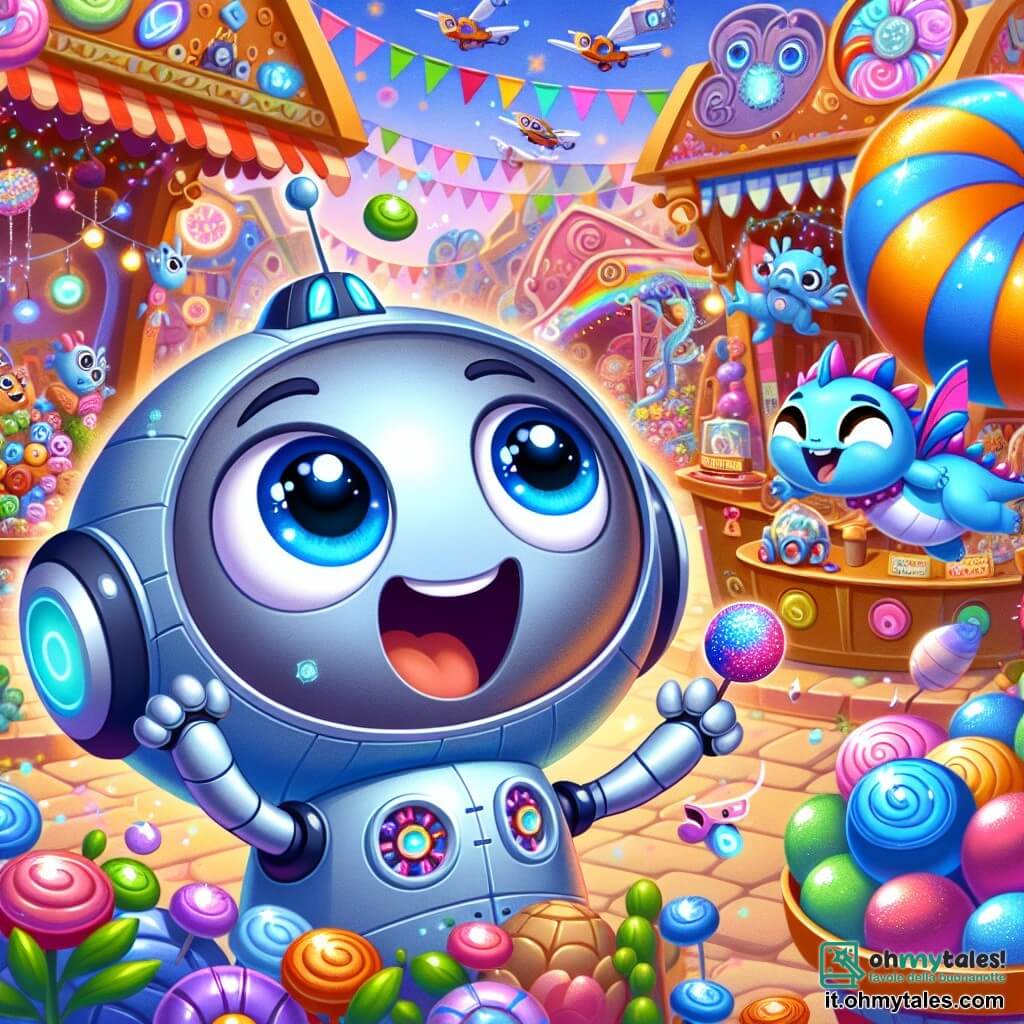 Un piccolo robot rotondo e lucente, con grandi occhi blu scintillanti, esprime una gioia travolgente ballando in mezzo a un mercato colorato, circondato da caramelle scintillanti e macchine volanti. Accanto a lui, un piccolo drago blu con squame brillanti e un sorriso contagioso vola in cerchi, ridendo di felicità mentre tiene in mano una caramella multicolore. Il mercato è animato, con banchi decorati con fiori cantanti e creature fantastiche che si divertono, creando un'atmosfera magica e festosa. La scena cattura il momento in cui il robot e il drago scoprono insieme le meraviglie di questo mondo incantevole, pieni di meraviglia ed eccitazione.