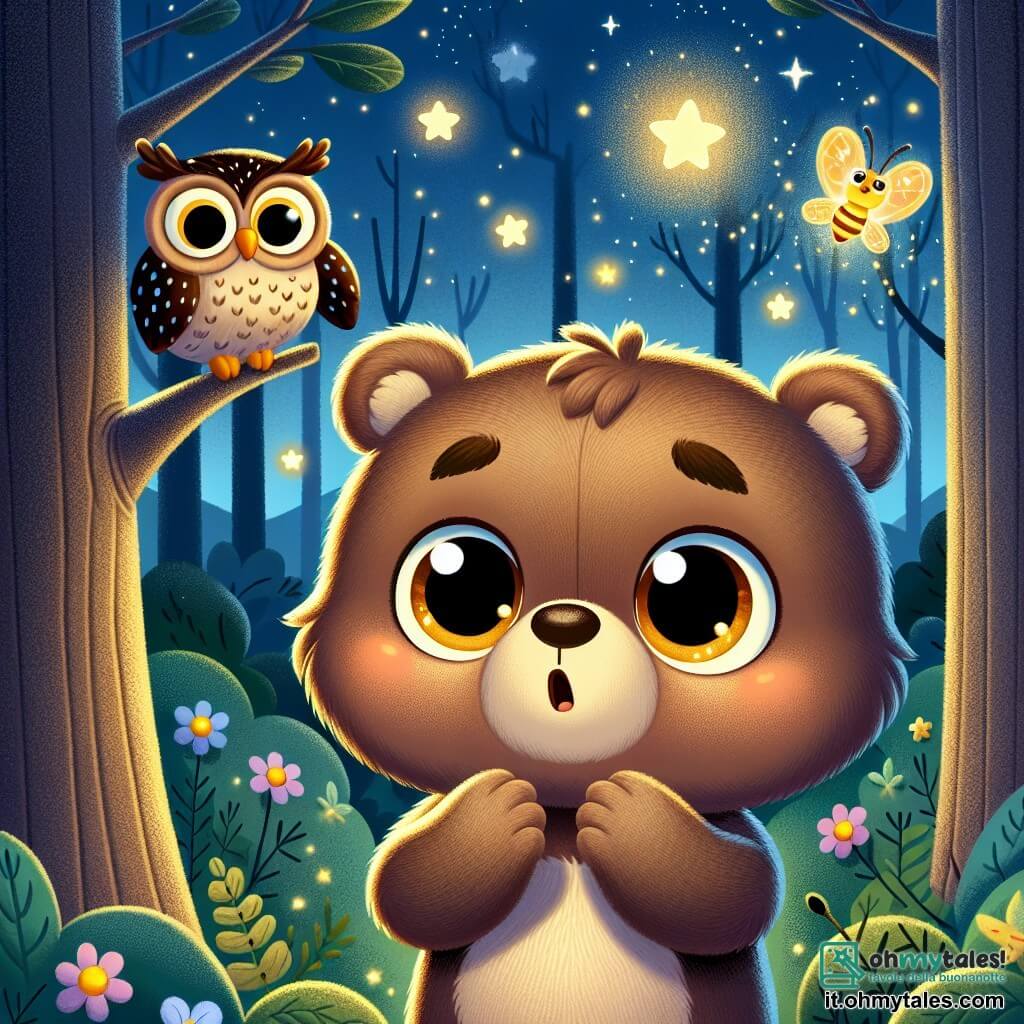 Un piccolo orsetto di nome Bruno, con un morbido pelo marrone e occhi rotondi brillanti di curiosità, si trova in una foresta oscura ma magica, guardando incantato verso il cielo stellato. Accanto a lui, una lucciola luminosa vola gioiosamente, illuminando il suo viso con una dolce luce. Un gufo saggio, posato su un ramo, osserva la scena con calma. La foresta è avvolta in una leggera nebbia notturna, con alberi dai tronchi spessi e foglie verde scuro, mentre fiori colorati e lucciole scintillanti aggiungono un tocco di magia. Bruno, un po' nervoso ma curioso, scopre la bellezza della notte per la prima volta, circondato dai suoi amici luminosi, rendendosi conto che l'oscurità può essere affascinante e piena di sorprese.