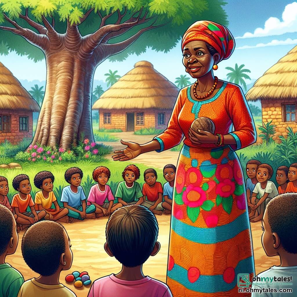 In het midden van de afbeelding staat Mama Zuri, een vrouw van ongeveer 60 jaar, met een zachte en wijze uitdrukking op haar gezicht. Ze draagt een kleurrijke Afrikaanse jurk met levendige patronen en een traditionele hoofddoek. Haar ogen stralen vriendelijkheid uit terwijl ze een hand opsteekt om de dorpelingen te kalmeren. Rechts van haar staat Kofi, een man van in de veertig, met een bezorgde blik en gefronste wenkbrauwen. Hij draagt een eenvoudige shirt en een broek van canvas, en staat iets naar voren, klaar om zich uit te drukken met gekruiste armen. Op de achtergrond zitten verschillende kinderen, jongens en meisjes van 8 tot 12 jaar, in een cirkel met opgewonden gezichten. Ze houden kleurrijke knikkers in hun handen, klaar om deel te nemen aan de competitie. De scène speelt zich af in een pittoresk Afrikaans dorp met lemen huizen met rieten daken, omringd door weelderig groen. De grond is van aarde, en een grote baobab staat majestueus op de achtergrond en biedt schaduw aan de dorpelingen. Mama Zuri stelt een spel voor om de ruzie tussen de dorpelingen op te lossen, terwijl de kinderen enthousiast en energiek klaarstaan om te spelen, wat een sfeer van kameraadschap en vreugde creëert.