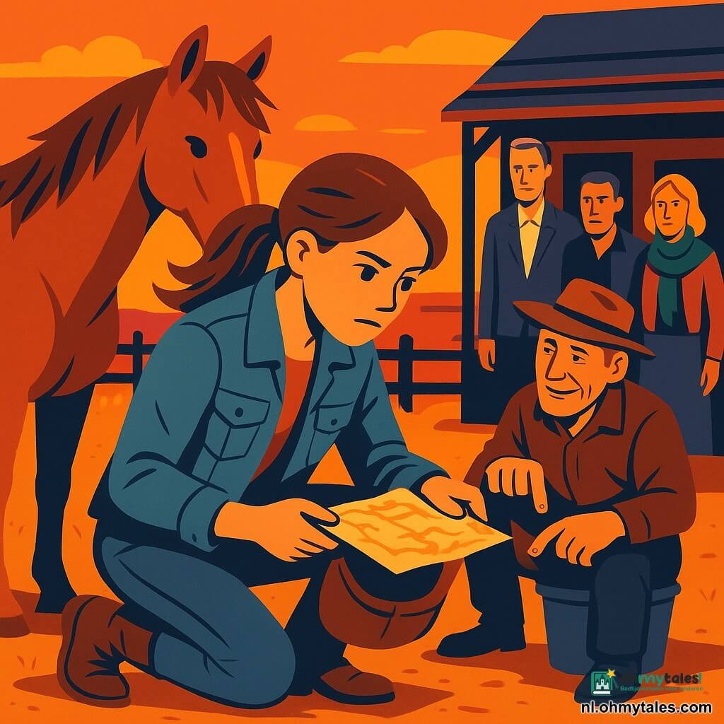 Mira, 17, met een vastberaden blik en felle ogen houdt een open leren buidel op een omgekeerd dekplankje; ze zit in een versleten spijkerjasje, stoffige laarzen en paardenstaart, geconcentreerd en nieuwsgierig. Ster, een vosmerrie, staat net achter haar met laag hoofd en oren op haar gericht, glanzende vacht en door de wind opgeheven manen. Hank, een man van circa 65, zit op een emmer bij het waterpunt; zwarte handen, versleten hoed, een sluwe blik en hij wijst discreet naar de buidel. Drie vreemden op de veranda: een bleke man van ~30 in te nette jas met berekenende glimlach, een man van ~35 met een litteken op de kaak die het ranch wantrouwend bekijkt, en een vrouw van ~28–35 met een groene sjaal die de omheiningen controleert. Het is een ranch bij schemering: gouden weide, gebarsten houten hekken, een half in de schaduw liggende rode schuur, een fonkelende emmer water, oranje-paarsen lucht en hoefsporen in rode stof. Hoofdsituatie: Mira vindt een oude kaart in de buidel; warm zonsonderganglicht valt op haar gezicht terwijl de vreemden op de veranda haar observeren — stilte, spanning en tastbaar mysterie.