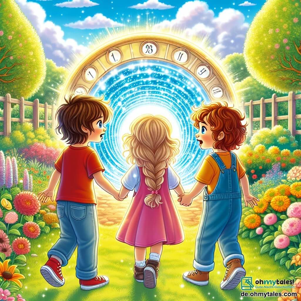 In einem sonnigen Garten sind drei Kinder versammelt für ein unglaubliches Abenteuer. Max, ein vierjähriger Junge mit zerzausten braunen Haaren und einem roten T-Shirt, schaut staunend auf einen glitzernden Tunnel vor sich. Rechts von ihm zeigt Mia, ein vierjähriges Mädchen mit langen, geflochtenen blonden Haaren und einem rosa Kleid, mit einem breiten Lächeln auf den Tunnel. Links steht Emma, ein weiteres vierjähriges Mädchen mit lockigen kastanienbraunen Haaren in einer blauen Latzhose, die neugierig auf den Tunnel zugeht. Der Garten ist voller bunter Blumen, grüner Bäume und einem gut gepflegten Rasen, während ein hellblauer Himmel mit einigen flauschigen weißen Wolken über ihnen schwebt. Die Hauptsituation zeigt die Kinder, Hand in Hand, bereit, in den magischen Tunnel einzutreten, der in tausend Farben leuchtet und ihre Zeitreise symbolisiert. Lichtstrahlen strömen aus dem Tunnel und schaffen eine märchenhafte Atmosphäre voller Versprechungen für kommende Abenteuer.