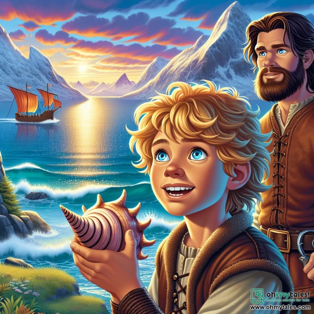 A young boy named Erik, around 10 years old, stands at the edge of a cliff overlooking a shimmering fjord. He has unruly curly golden hair and his eyes shine with excitement and determination. He holds a magical conch in his hand, ready to call the waves, his face illuminated by the setting sun reflecting on the water. Next to him, Bjorn, a sturdy man in his 30s with a thick beard and weathered features, watches Erik with a proud smile. He wears a leather tunic and light armor, standing firmly with his arms crossed, ready to support the young hero. In the background, the landscape is spectacular: majestic mountains with snowy peaks rise against a sky of vibrant colors, while the sails of longships appear on the horizon. The ocean waves crash against the rocks, creating a soothing melody. The main scene shows Erik, determined and brave, ready to blow into the magical conch to summon the forces of the sea, while Bjorn encourages him, prepared to assist in this fantastic adventure.