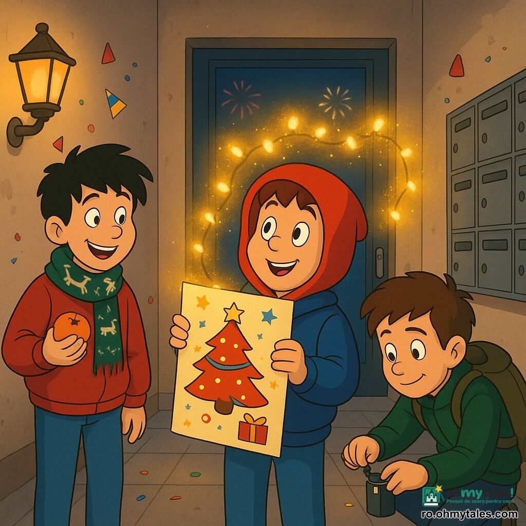Sunt trei băieți: Radu (11 ani), păr șaten scurt, cu glugă roșie de Crăciun și jachetă albastră, ține în centru o mare felicitare decorată și privește uimit o ghirlandă luminoasă; Vlad (11 ani), păr negru zburlit, cu eșarfă cu reni, ține o mandarină, stă în stânga și zâmbește către vecini; Ștefan (11 ani), păr brun, cu rucsac kaki din care iese o ghirlandă, e în dreapta, ghemuit, conectează o baterie la luminile; loc: holul unui bloc vechi, pereți bej ușor uzați, cutii poștale pe dreapta, podea în gresie, iluminare discretă de perete, ornamente de Anul Nou și o fereastră care arată artificii încețoșate; situația: felicitarea mare e fixată pe perete, o ghirlandă LED se aprinde și eliberează sclipiri aurii ca licuricii, vecini în fundal aplaudă cu siluete estompate, atmosferă festivă, caldă, culori roșu-aur-albastru-noapte, stil cartoon anii ’90, linii clare și umbre moi, compoziție centrată pe felicitarea luminoasă și cei trei băieți.