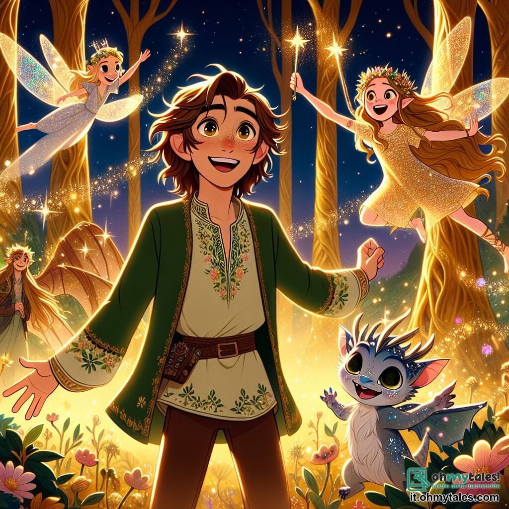 Al centro dell'immagine, un giovane di nome Finn, di circa 20 anni, sorride con entusiasmo. Ha lunghi capelli castani che ondeggiano nel vento e occhi brillanti. Indossa una tunica verde decorata con motivi floreali e alza le braccia in segno di gioia, circondato da creature magiche. A destra, una piccola fata di nome Lira, di circa 15 anni, vola con ali scintillanti, capelli dorati e un vestito di petali di fiori, mentre agita una bacchetta magica. A sinistra, un piccolo drago dalle squame argentate, di circa 5 anni, gioca a sputare glitter. Il tutto si svolge in un boschetto incantato, con alberi dai tronchi dorati e fiori multicolori che danzano nella brezza. Finn e i suoi amici celebrano un festival sotto le stelle, danzando e cantando gioiosamente, mentre le stelle brillanti riappaiono nel cielo, simboleggiando il ritorno della magia nel loro mondo.