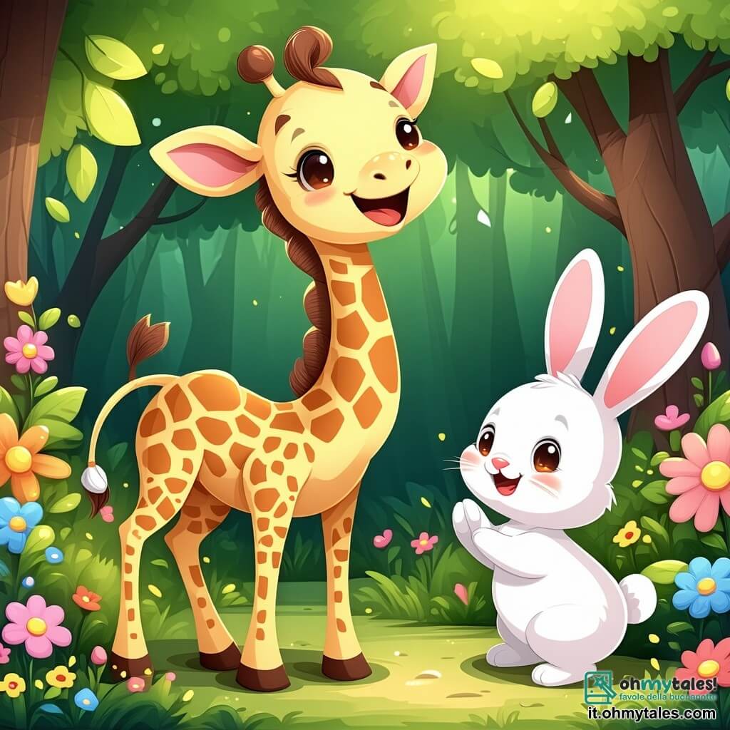 Una piccola giraffa di nome Gina, con un lungo collo macchiato di giallo e marrone, si trova felicemente al centro della scena, gli occhi brillanti di eccitazione. Sorride ampiamente, con le orecchie grandi in alto, mentre guarda i fiori colorati che iniziano a sbocciare intorno a lei. Accanto a lei, un coniglietto di nome Bobo, con il pelo bianco e le orecchie lunghe, salta con entusiasmo, gli occhi scintillanti di felicità. Un elefantino di nome Toto, con la pelle grigia e le grandi orecchie, si trova a sinistra, sorridendo e sollevando una zampa in aria, pronto ad applaudire. Sullo sfondo, un vecchio albero maestoso con foglie verdi e dorate si erge, mentre un cielo blu chiaro illumina tutto. La scena si svolge in un bosco magico, pieno di fiori brillanti e luce soffusa, dove regnano amicizia e gioia. Gina e i suoi amici celebrano il ritorno dei fiori, in un'atmosfera di felicità e magia.