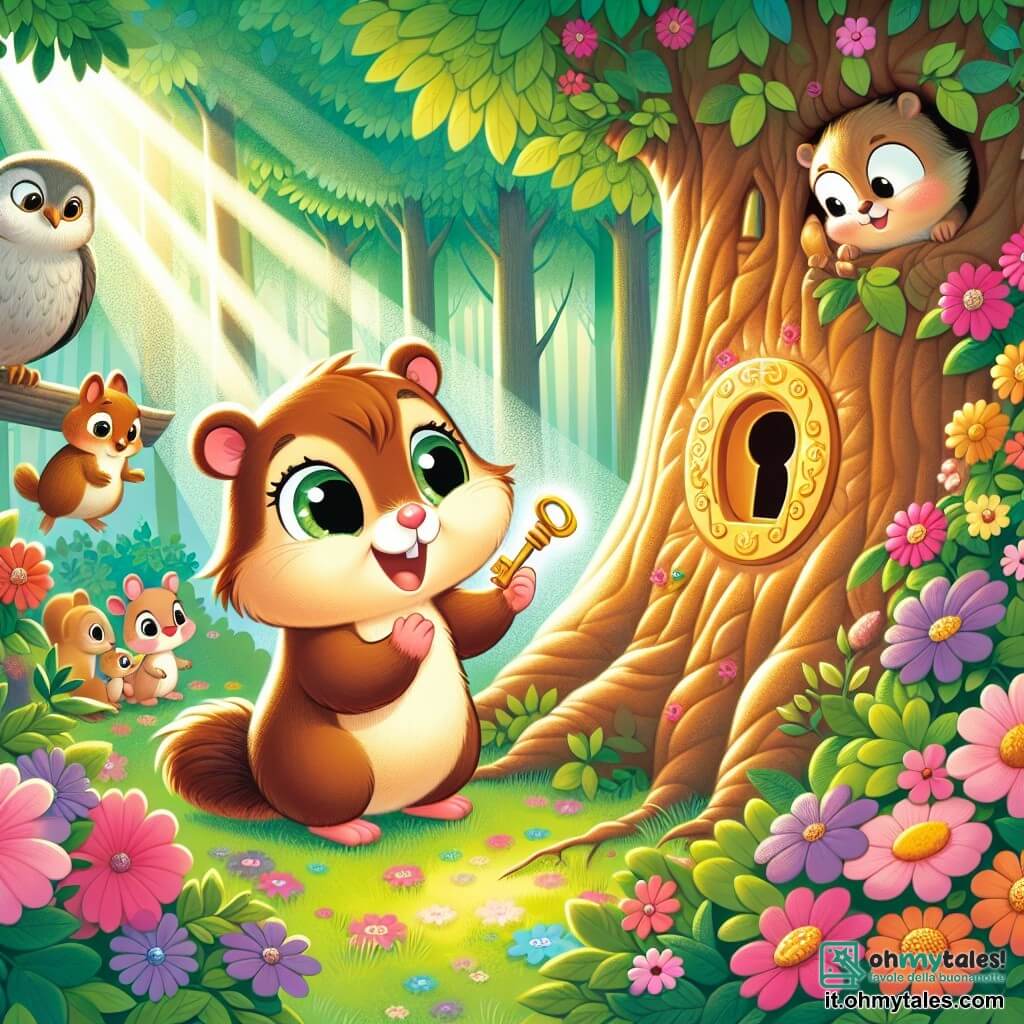 Una piccola marmotta di nome Mimi, con un pelame morbido e marrone, occhi brillanti di curiosità e un piccolo naso rosa, si trova davanti a un grande albero magico. Sembra meravigliata, con le zampe anteriori sollevate come se avesse appena scoperto un tesoro. Accanto a lei, il saggio gufo Gigi, con piume grigie e uno sguardo intelligente, è posato su un ramo, osservando Mimi con un sorriso benevolo. Il luogo è una foresta incantata, piena di fiori colorati e raggi di sole che filtrano tra le foglie verdi, creando un'atmosfera calda e accogliente. La scena principale mostra Mimi mentre inserisce una chiave dorata in una piccola serratura nascosta tra le radici dell'albero, pronta a scoprire il segreto che si cela, mentre animali curiosi, come scoiattoli e conigli, si radunano attorno a lei, impazienti di ascoltare le storie che seguiranno.