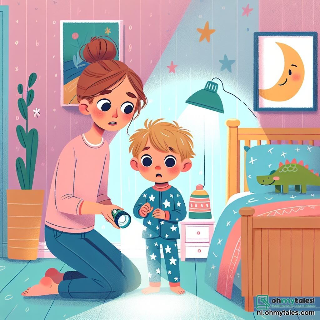 Een jongetje van 2 jaar, met grote nieuwsgierige ogen en rommelig blond haar, staat in zijn kamer met een bezorgde blik. Hij draagt een blauwe pyjama met witte sterren en houdt een kleine zaklamp in zijn handen, die voorzichtig een schaduw op de muur verlicht. Zijn moeder, een zachte vrouw van ongeveer 30 jaar met kastanjebruin haar in een knot en een troostende glimlach, knielt naast hem. Ze draagt een roze t-shirt en comfortabele broek en laat hem zien hoe het licht van de zaklamp de schaduw vermindert. De kamer is versierd met pastel muren, dinosaurussen posters en een houten bed met kleurrijke lakens. Een nachtlampje in de vorm van een maan straalt zachtjes op het nachtkastje en zorgt voor een warme sfeer. Het jongetje, met een angstige blik, ontdekt dat het licht van zijn zaklamp de enge schaduwen verandert in leuke vormen, zoals die van zijn teddybeer, wat hem helpt zijn angst voor het donker te overwinnen.