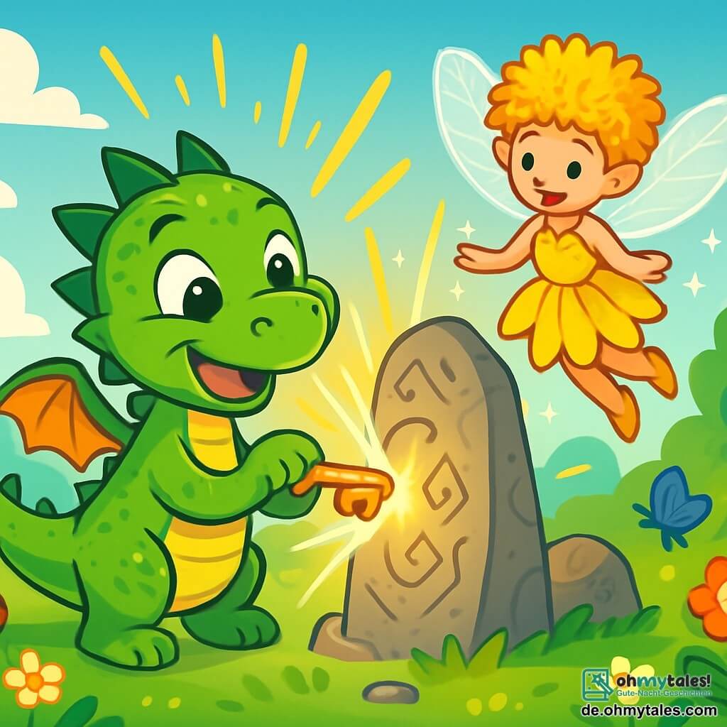 Lumo, ein kleiner Drache mit glänzenden grünen Schuppen, großen leuchtenden Augen und einem schelmischen Lächeln, steht im Mittelpunkt der Szene und hält einen kleinen goldenen Schlüssel in seinen Pfoten. Er ist voller Aufregung und Neugier, bereit, eine neue Welt zu entdecken. Rechts von ihm schwebt eine charmante Löwenzahn-Fee mit funkelnden Flügeln und einem Kleid aus gelben Blütenblättern, die Lumo freundlich anlächelt und ihn in seinem Abenteuer ermutigt. Im Hintergrund strahlt ein wunderschönes goldenes Licht von einem alten Stein mit geheimnisvollen Symbolen aus, inmitten einer grünen Lichtung, wo bunte Blumen und Schmetterlinge um sie herumtanzen. Die Hauptsituation zeigt Lumo, der den Schlüssel in den Stein steckt, während strahlende Lichtstrahlen um ihn herum sprühen und den Beginn eines neuen magischen Abenteuers symbolisieren.