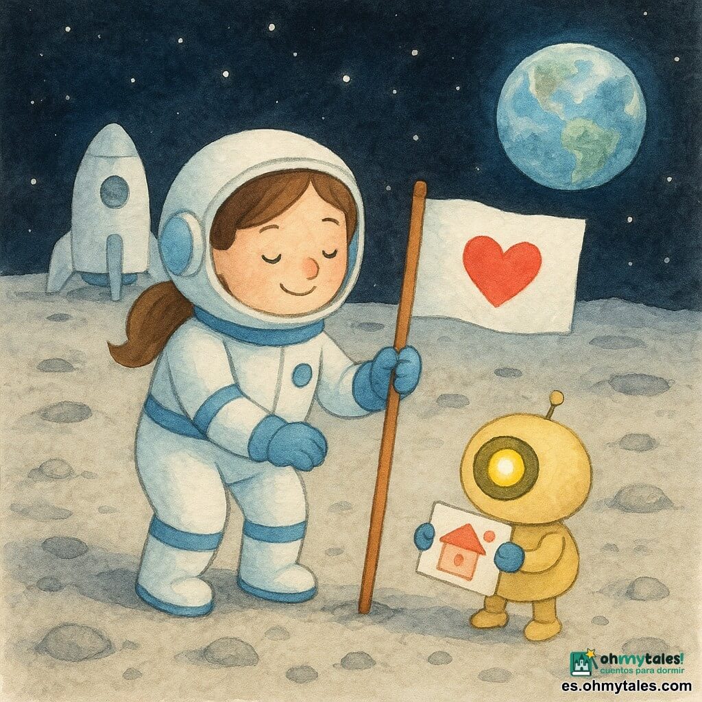 Una piloto sonriente y serena de rostro redondo, piel clara y coleta castaña, con un traje espacial blanco y azul planta un pequeño banderín con un corazón rojo en el suelo gris de la Luna; a su lado hay un robot compañero pequeño y redondo, amarillo pálido, con un ojo luminoso que ofrece una caja con una mini pila solar en forma de sol. El suelo es polvoriento y gris claro con cráteres suaves y piedras redondeadas; en la distancia una lanzadera blanca y compacta está posada con la escotilla abierta y huellas que llevan a ella. Cielo negro profundo salpicado de estrellas y la Tierra azul y blanca brillante en el horizonte. Escena calma y tierna, la mujer deja también una carta pequeña con un dibujo de casa y un corazón, ambiente suave, colores pastel y texturas delicadas de acuarela.