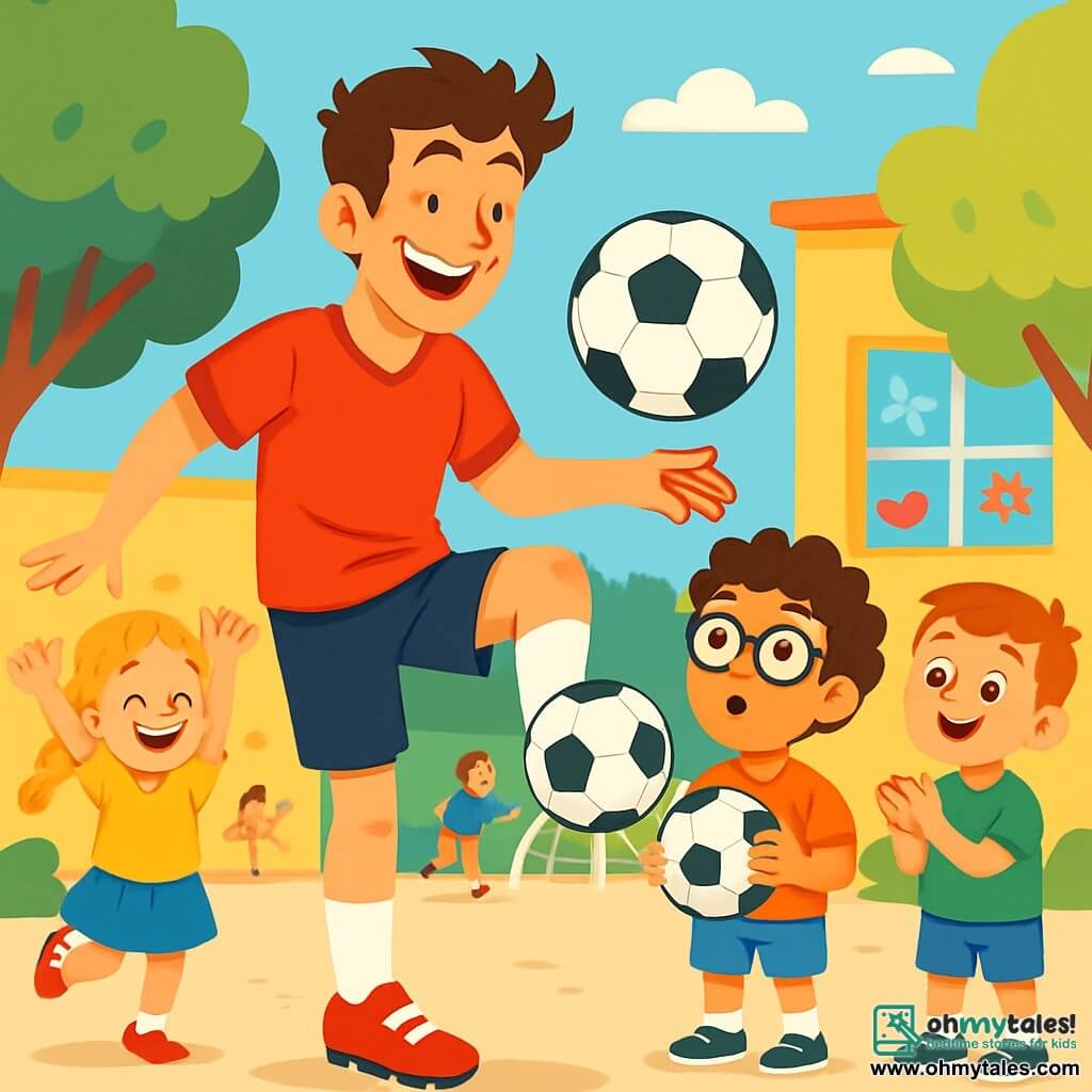 Max, an athletic man with messy brown hair and a big smile radiating joy, is wearing a red football jersey and black shorts. He is juggling a football, surrounded by admiring children. Among them is a 10-year-old girl with braided blonde hair, jumping for joy with her arms raised, and a 9-year-old boy with glasses and curly hair, holding a ball and looking at Max with wide eyes. The scene takes place in a sunny schoolyard, with green trees and colorful drawings on the walls. Children are playing around, and a large goal is set up in the background. Max, enthusiastic, is showing the children how to dribble the ball while they watch in awe, eager to learn and have fun together.