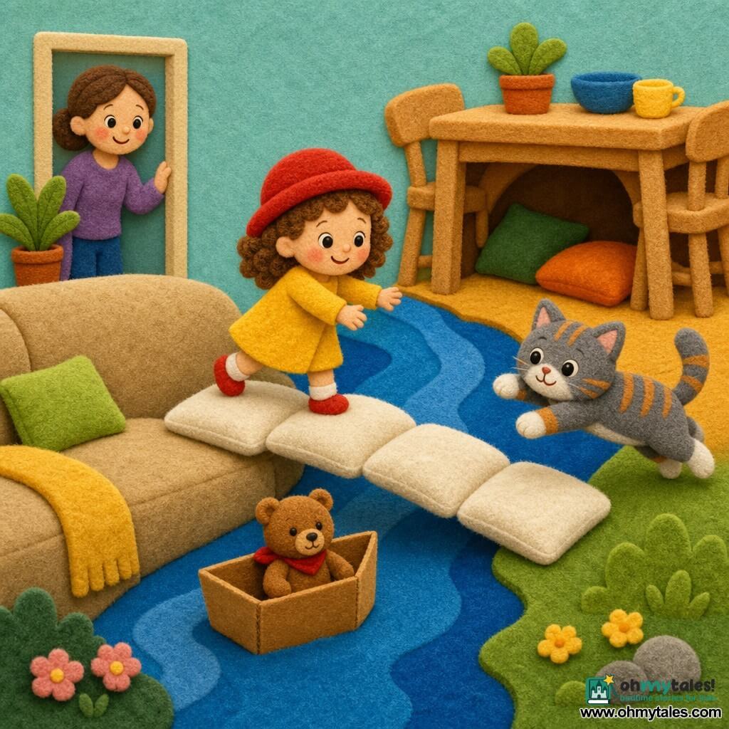 A confident 2-year-old girl with curly brown hair, a red hat and yellow dress holds a cardboard boat while crossing a cushion bridge; a small brown teddy with a brave expression sits in the boat on the blue-rug "river," a gray-and-orange tabby cat leaps at the rug's edge, a mother with tied-back hair watches tenderly from the doorway, and the living room is staged as an adventure landscape—beige sofa as a hill, stacked white cushions as a bridge, light-wood coffee table and chairs forming a bright kitchen "cave," soft sunlight, vivid colors, visible felt textures, joyful and safe atmosphere