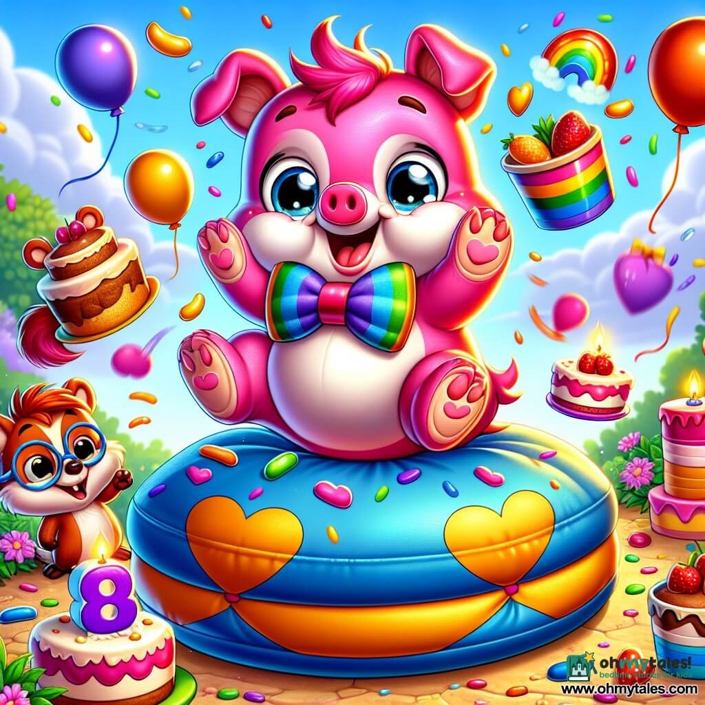 A pink pig with round cheeks and sparkling eyes, wearing a rainbow bow tie, is sitting on a large bouncy cushion. It bursts into laughter, legs in the air, surrounded by colorful cakes and floating balloons. Next to it, a small mole with brown fur and round glasses smiles while holding a heart-shaped balloon, while a clever fox with red fur and mischievous eyes juggles jelly cups. They are in a sunny garden filled with bright flowers and colorful garlands, with a clear blue sky in the background. The scene shows the pig joyfully leaping into the air, ready to land on the cushion, while its friends laugh and cheer, creating a festive and lively atmosphere.