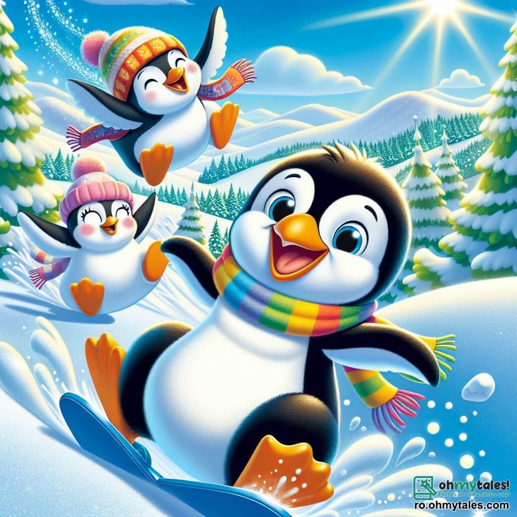 Un pinguin numit Pingo, cu o blană albă strălucitoare și un nas portocaliu, alunecă cu bucurie pe o pantă acoperită de zăpadă, cu fața plină de fericire. Poartă o eșarfă colorată care flutură în vânt. Lângă el, Fluffy, un alt pinguin cu blană moale, sare în aer, pregătit să aterizeze pe zăpadă, arătându-și entuziasmul. În fundal, Spike, un pinguin cu un aspect determinat, alunecă cu încredere, dar pare surprins când se împiedică de o movilă de zăpadă. Locul este un vârf de munte frumos, cu pante strălucitoare, brazi verzi și un cer albastru cu nori pufoși, creând o atmosferă veselă. Situația principală îi arată pe Pingo și Fluffy sărind împreună pe zăpadă, râzând, în timp ce Spike, în fundal, își pierde echilibrul, ilustrând spiritul de camaraderie și aventură care îi unește în această competiție prietenoasă.