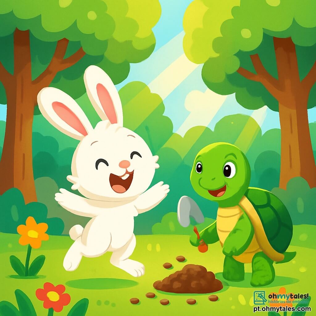 Um coelhinho alegre chamado Pipo, com grandes orelhas e pelagem branca e suave, salta entusiasticamente no meio de uma floresta verdejante, cercado por árvores majestosas e flores vibrantes. Ao seu lado, uma tartaruga amigável chamada Tati, com uma carapaça verde e brilhante, sorri orgulhosamente enquanto segura uma pequena pá em suas patas, pronta para plantar sementes. O solo está salpicado de pequenas sementes e terra fresca, enquanto raios de sol filtram através das folhas, iluminando a cena com uma luz dourada. Pipo e Tati estão trabalhando juntos para plantar árvores, simbolizando seu compromisso em proteger a natureza e embelezar a floresta.