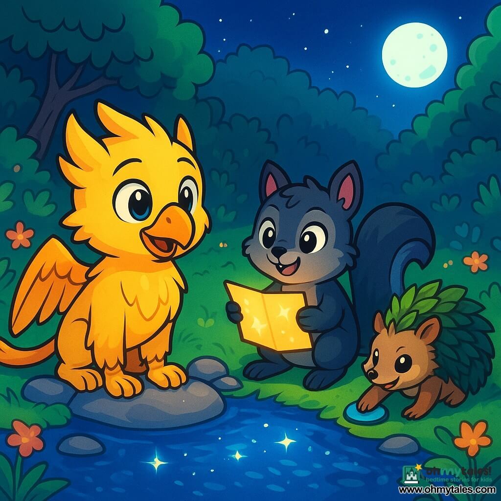 A young griffin named Pippin, with golden feathers and sparkling curious eyes, stands at the edge of a shimmering river, his expression a mix of wonder and determination. He gazes fascinated at the reflections of stars in the water, his small paws resting on smooth, shiny stones. Beside him, a little fox-squirrel named Mira, with black and silver fur, smiles mischievously, holding a glowing map between her paws. She appears joyful and full of energy, ready to guide Pippin on their adventure. A little further away, a hedgehog named Bramble, with a back covered in leaves and mischievous eyes, watches carefully, his small paws resting on a shiny button he found. The setting is an enchanted glade, surrounded by lush hedges and vibrant flowers, where moonlight filters through the branches, creating dancing shadows on the ground. The deep blue river gently winds, reflecting the stars like diamonds. The main scene shows Pippin and his friends preparing to cross the river, with bursts of light and bright colors illustrating their excitement and courage in the face of the unknown.