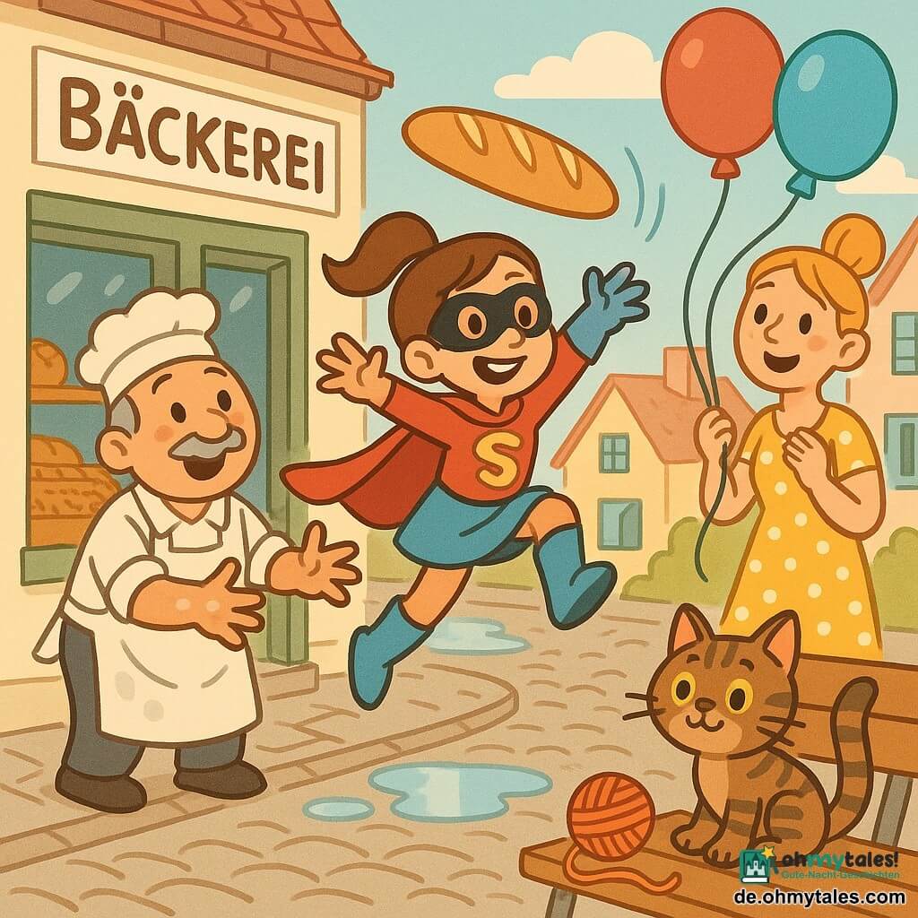 Eine fröhliche, maliziöse Superheldin mit braunem Pferdeschwanz, glänzender roter Kapuze und blauen Stiefeln fängt in einem dynamischen Sprung eine rollende Baguette; links ein etwa 50‑jähriger Bäcker mit rundem Gesicht und grauem Schnurrbart im bemehlten weißen Schürze streckt die Hände erleichtert nach dem Brot aus, rechts eine etwa 30‑jährige Nachbarin in gelbem gepunktetem Kleid und Blondem Dutt hält Bänder mehrerer roter, blauer und grüner Luftballons, vorne auf einer Bank sitzt der kleine getigerte Kater Miez mit spielerischem Blick und einer abgewickelten Wollknäuel; Kopfsteinpflasterstraße mit bunten Häusern und grünen Fensterläden, einer Bäckerei mit Schaufenster und Schild «Bäckerei» sowie glänzenden Pfützen; komischer, fröhlicher Moment, Nachbarn klatschen, Ballons schweben, warme, lebhafte Atmosphäre mit kräftigen Farben und freundlichen, überzeichneten Gesichtsausdrücken.