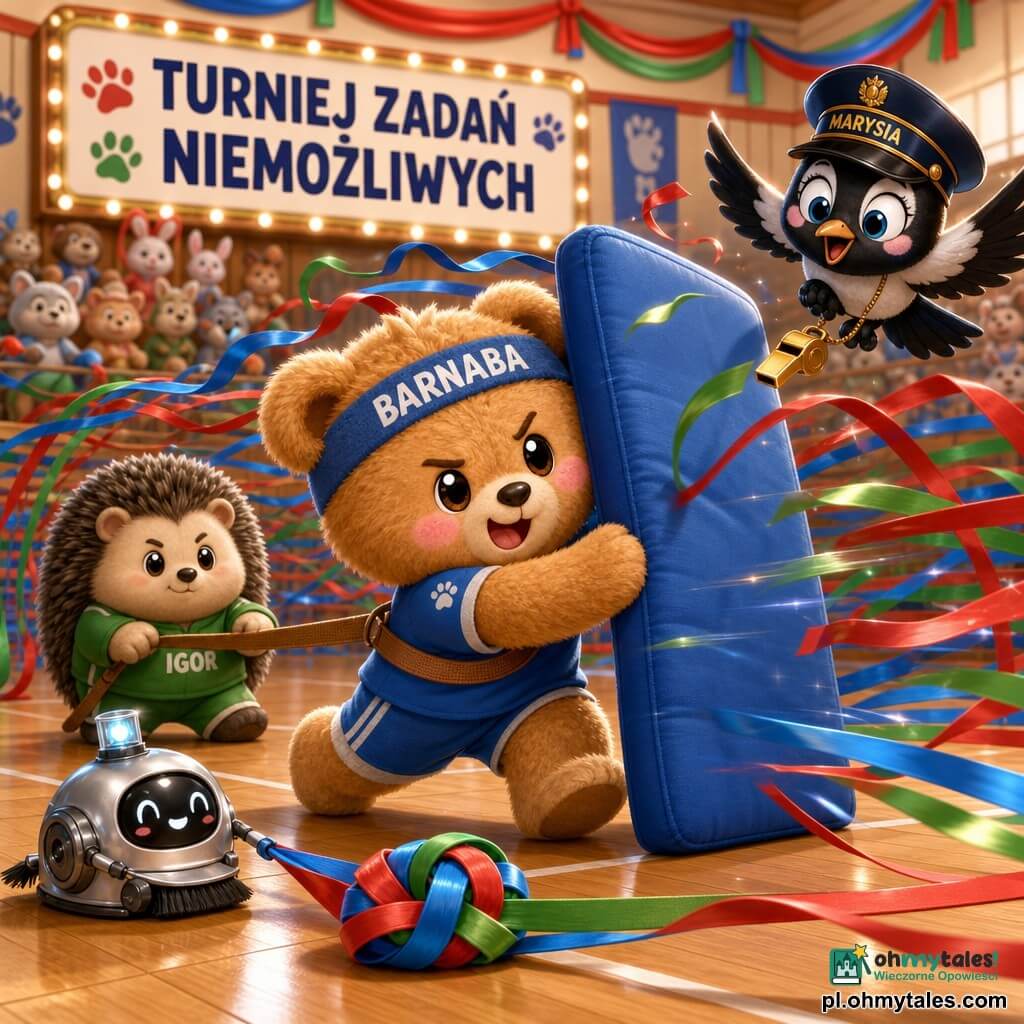 Barnaba, duży pluszowy miś karmelowy z rumianymi policzkami i figlarnym, zdeterminowanym wyrazem, niesie przed sobą niebieską matę gimnastyczną jak tarczę i przechodzi przez tunel z kolorowych wstążek nie dotykając ich; Marysia, chibi sroka w błyszczącej sędziowskiej czapeczce, leci z prawej strony trzymając złoty gwizdek i wygląda na zaskoczoną i rozbawioną; Igor, okrągły kolczasty jeż-peluch, stoi z tyłu po lewej, poważny lecz wspierający, trzymając długi pasek jako stabilizator; u podłoża przed węzłem wstążek toczy się uśmiechający metaliczny mały robot sprzątający, delikatnie ciągnąc jedną wstążkę; jasna sala gimnastyczna z lśniącą drewnianą podłogą i białymi liniami, girlandami czerwonych, zielonych i niebieskich wstążek, dużym napisem TURNIEJ ZADAŃ NIEMOŻLIWYCH i niewyraźnymi zwierzęcymi widzami na trybunach; scena skupiona na Barnabie, żywe kolory, miękkie światło, zaokrąglone rysy i pluszowe tekstury oddające odwagę i radość.