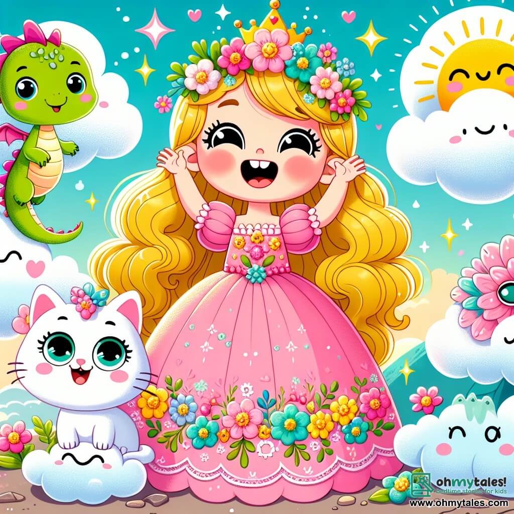 Princess Lily, a young girl with long golden hair and sparkling joyful eyes, wears a pink dress adorned with colorful flowers. She is laughing heartily, hidden behind a large fluffy cloud, with a radiant smile on her face. Beside her, Whiskers, her big white cat with bright green eyes, is cuddled up against her, ears perked up, ready to pounce. Nearby is Sparky, a small dragon with shiny green scales and a funny tail, looking for his princess with an amused expression, his tiny wings spread out. The scene takes place on top of an enchanted mountain, surrounded by soft clouds and vibrant magical flowers, with a clear blue sky and a shining golden sun. The main situation shows Princess Lily playing hide and seek with Sparky the dragon, while Whiskers snuggles beside her, all three immersed in a moment of pure happiness and laughter.