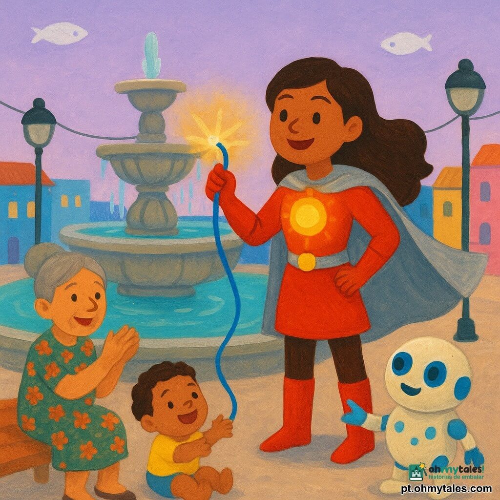Uma heroína sorridente e determinada, Capitã Estela-Flash, alta com capa prateada e botas vermelhas, tem um círculo luminoso amarelo-alaranjado no peito que pulsa enquanto reconecta um fio azul com um pequeno raio na ponta do dedo; ao lado, Pingo, um robô de limpeza redondo branco-queimado com manchas azuis e olhos LED, aponta uma pinça para o fio; um bebê de ~1 ano, cabelos curtos e encaracolados, sentado num banco de madeira ri e bate palmas, e uma senhora idosa de ~70 anos com cabelo grisalho preso e vestido florido aplaude junto a um poste apagado; a cena ocorre na Praça do Sorriso, com grande fonte de pedra e água turquesa, postes redondos cujos fios ficam visíveis, prédios baixos azuis e rosa ao redor e pequenas naves brancas em forma de peixe no céu lavanda; a Capitã Estela reconecta o fio enquanto seu círculo projeta raios quentes e suaves que acendem as lâmpadas uma a uma com pequenos "plim" e a fonte volta a cantar, atmosfera acolhedora e segura em estilo gouache suave, cores vivas e ternas, formas arredondadas e texturas de pincel, composição centrada em Estela e na fonte, pensada para crianças pequenas.