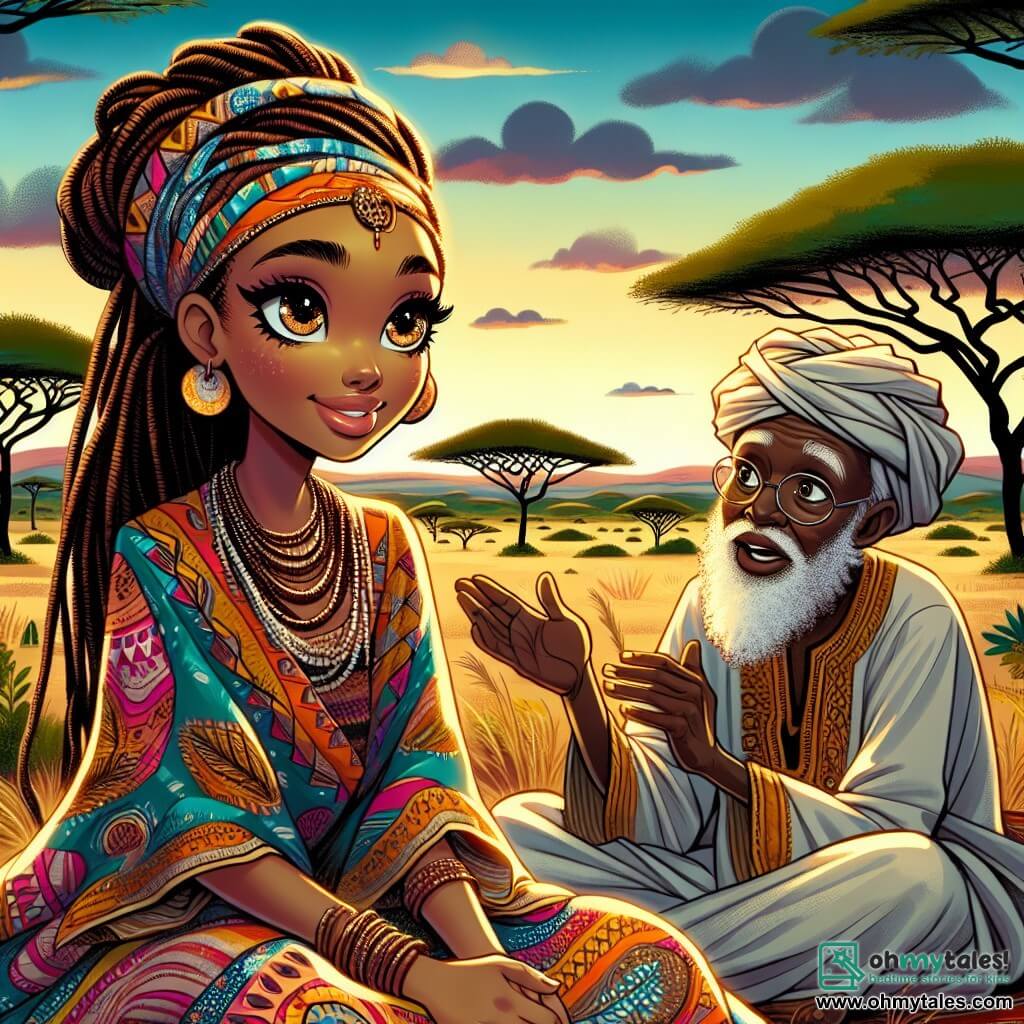 Amina, a young woman with sparkling eyes and golden skin, stands center stage, a radiant smile lighting up her face. She wears a colorful dress adorned with vibrant African patterns, and her carefully braided hair has a few strands dancing in the wind. She listens intently to the whisper of the wind, her expression a mix of curiosity and wonder. Beside her, an old griot, a man around sixty with a white beard and weathered wrinkles, sits on a stone. He wears a traditional turban and a light tunic, passionately gesturing as he tells a captivating story, looking at Amina with kindness. In the background, a vast savannah landscape stretches out, dotted with majestic acacias and bright wildflowers. The sky is a deep blue with fluffy white clouds, and the sun is setting, casting golden shadows on the ground. The main scene shows Amina, captivated by the griot's tales, listening attentively to ancestral stories floating in the air, while the wind whispers secrets around them, creating a magical and enchanting atmosphere.
