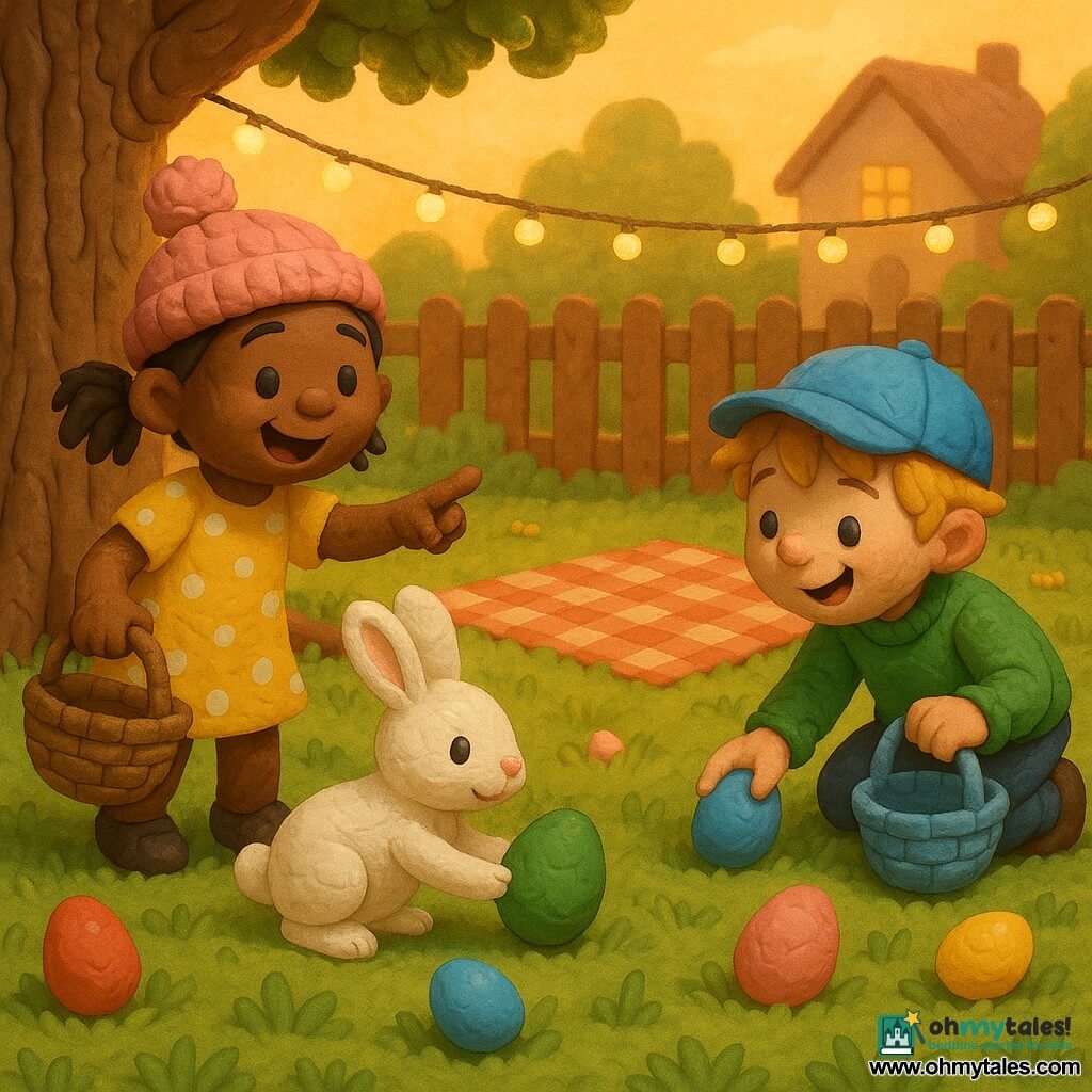 Three characters in a family garden at sunset: Anna, 5, brown hair in pigtails, pink pompom hat, yellow polka-dot dress, holding a small woven basket in her right hand at the left near a large oak, happily pointing at a red egg at the tree’s base; Sam, 4, blond messy hair, blue cap, green sweater, holding a light-blue basket at the right, crouched by a small rounded rock, picking up a blue egg and smiling; a white rabbit with modeling-clay textured fur and shiny black eyes in the center, nudging a green egg toward Anna. The scene shows layered textured green grass, the oak with visible roots, a red-and-white check blanket on the grass, string lights between the oak and a wooden fence, a blurred pastel house in the background, and scattered red, blue, yellow, and pink eggs, with soft laughing expressions and a warm, calm late-afternoon atmosphere.