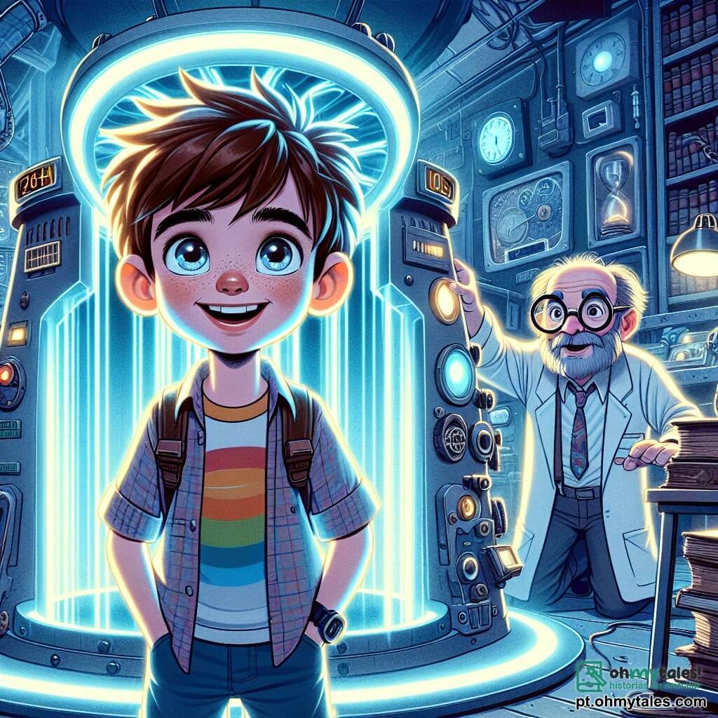 Um garoto de 12 anos, Lucas, com cabelos castanhos bagunçados e olhos brilhantes de curiosidade, está no centro da imagem, maravilhado diante de uma máquina do tempo futurista. Ele usa uma camiseta colorida e um short, com um sorriso de empolgação no rosto. À sua direita, seu tio Max, um homem de cerca de 40 anos com óculos redondos e uma barba levemente desgrenhada, ajusta botões na máquina, com uma expressão concentrada e entusiasmada. O fundo mostra um laboratório cheio de ferramentas científicas, livros antigos e telas brilhantes, com prateleiras carregadas de invenções estranhas. A luz da máquina do tempo brilha com um tom azulado, criando uma atmosfera mágica e intrigante. A cena principal mostra Lucas, pronto para ativar a máquina, enquanto uma luz radiante começa a envolvê-lo, simbolizando o início de sua viagem no tempo.