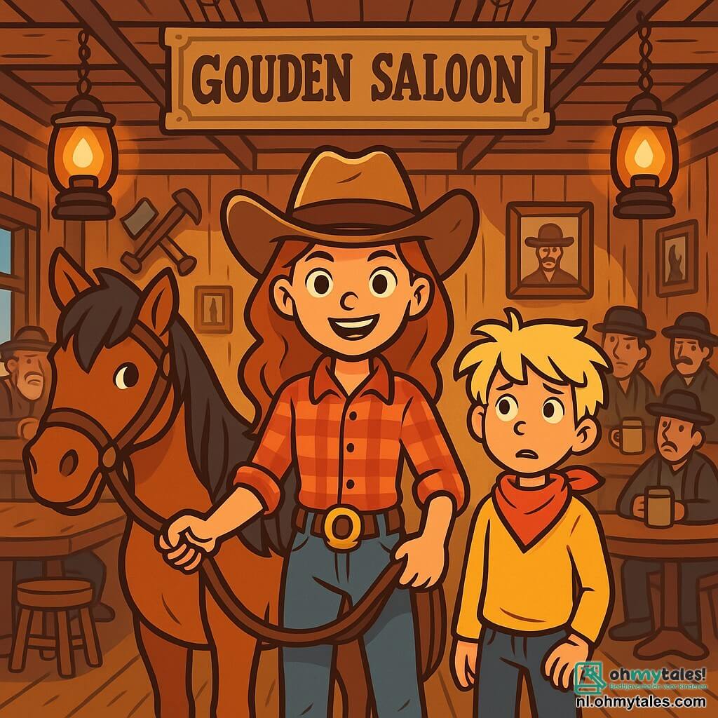 Ava, een dappere jonge cowgirl, staat in het midden van de Gouden Saloon met een grote vastberaden glimlach op haar gezicht. Ze draagt een leren cowgirlhoed, een rood geruit shirt en een versleten spijkerbroek, en ze houdt de teugels van haar paard, Bliksem, een prachtig bruin paard met een glanzende manen. Naast haar staat Billy, een 12-jarig jongen met rommelig blond haar en een rode bandana om zijn nek, die om zich heen kijkt met een bezorgde uitdrukking.

De Gouden Saloon is versierd met verouderd hout, met lantaarns die aan het plafond hangen en eiken tafels waar klanten zachtjes praten. De muren zijn versierd met souvenirs uit het Westen, zoals pikhouweels en foto's van legendarische cowboys.

Ava en Billy zijn klaar om het mysterie van de diefstal van de waardevolle gouden hoefijzer op te lossen, omringd door een sfeer van spanning en opwinding. De klanten van de saloon kijken hen nieuwsgierig en bezorgd aan terwijl Ava het woord neemt om om aanwijzingen over de dief te vragen.