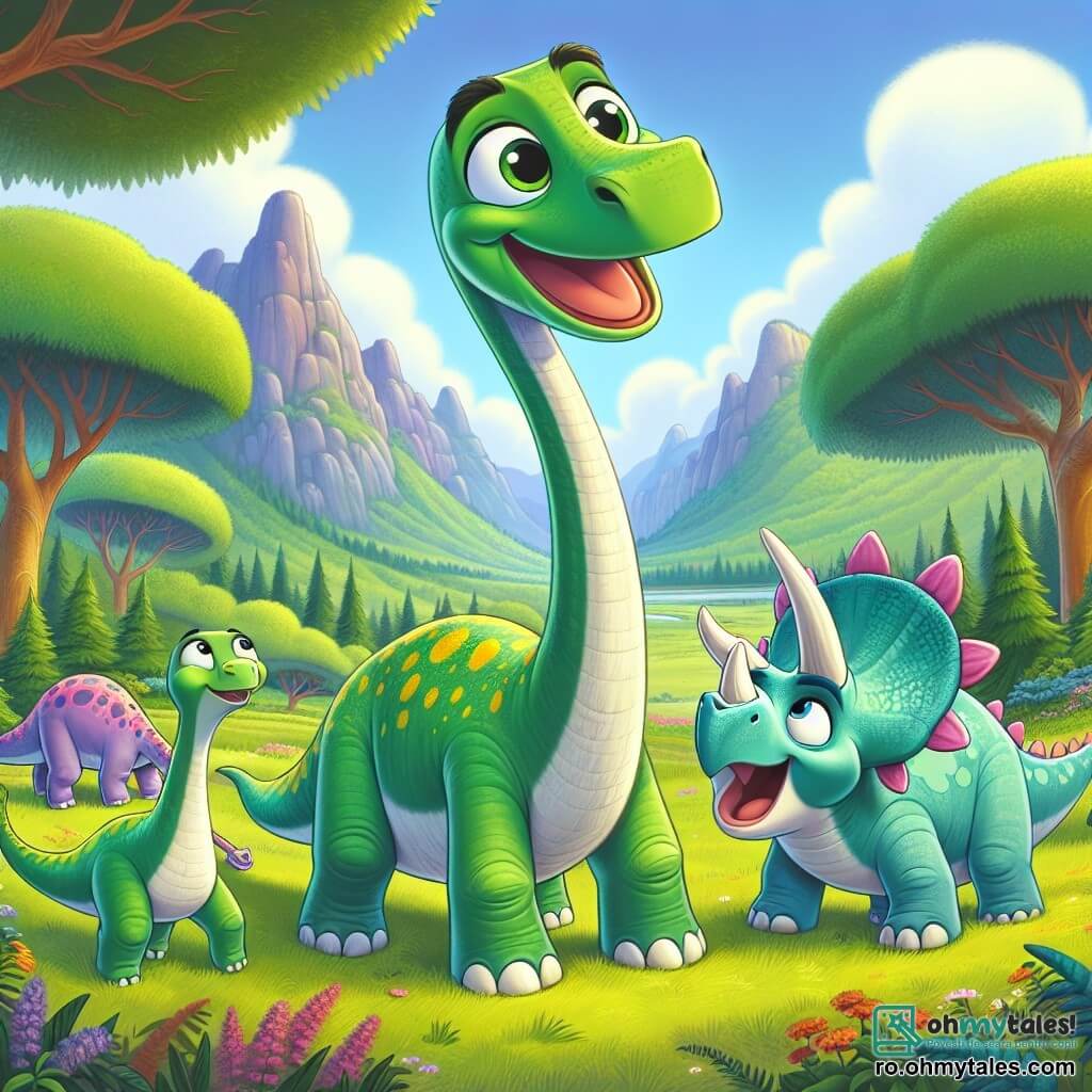 Un diplodocus numit Dippy, cu un gât lung și o piele verde cu pete galbene, se află în centrul scenei, afișând o expresie de curaj și determinare. Ochii săi mari și rotunzi strălucesc de emoție în timp ce își ridică gâtul spre cer, pregătit să-și apere familia. Lângă el, Sally, un stegosaurus cu plăci dorsale roz și ochi strălucitori, îl privește cu admirație, gata să-l susțină. Mai departe, Rosie, un triceratops cu trei coarne pe frunte și o piele de un albastru deschis, stă ferm, afișând o atitudine protectoare, pregătită să se alăture cercului de apărare. Scena se desfășoară într-o vale verde, înconjurată de munți majestuoși, unde copacii mari cu frunze luxuriante se leagănă ușor în vânt. Solul este presărat cu flori colorate, adăugând o notă de magie mediului. Situația principală arată cum Dippy și prietenii săi formează un cerc protector, ridicându-și gâturile și capetele cu bravură, în timp ce un Tyrannosaurus rex amenințător se apropie, intrigat de curajul lor. Dinozaurii, uniți și determinați, demonstrează că împreună pot depăși orice obstacol.