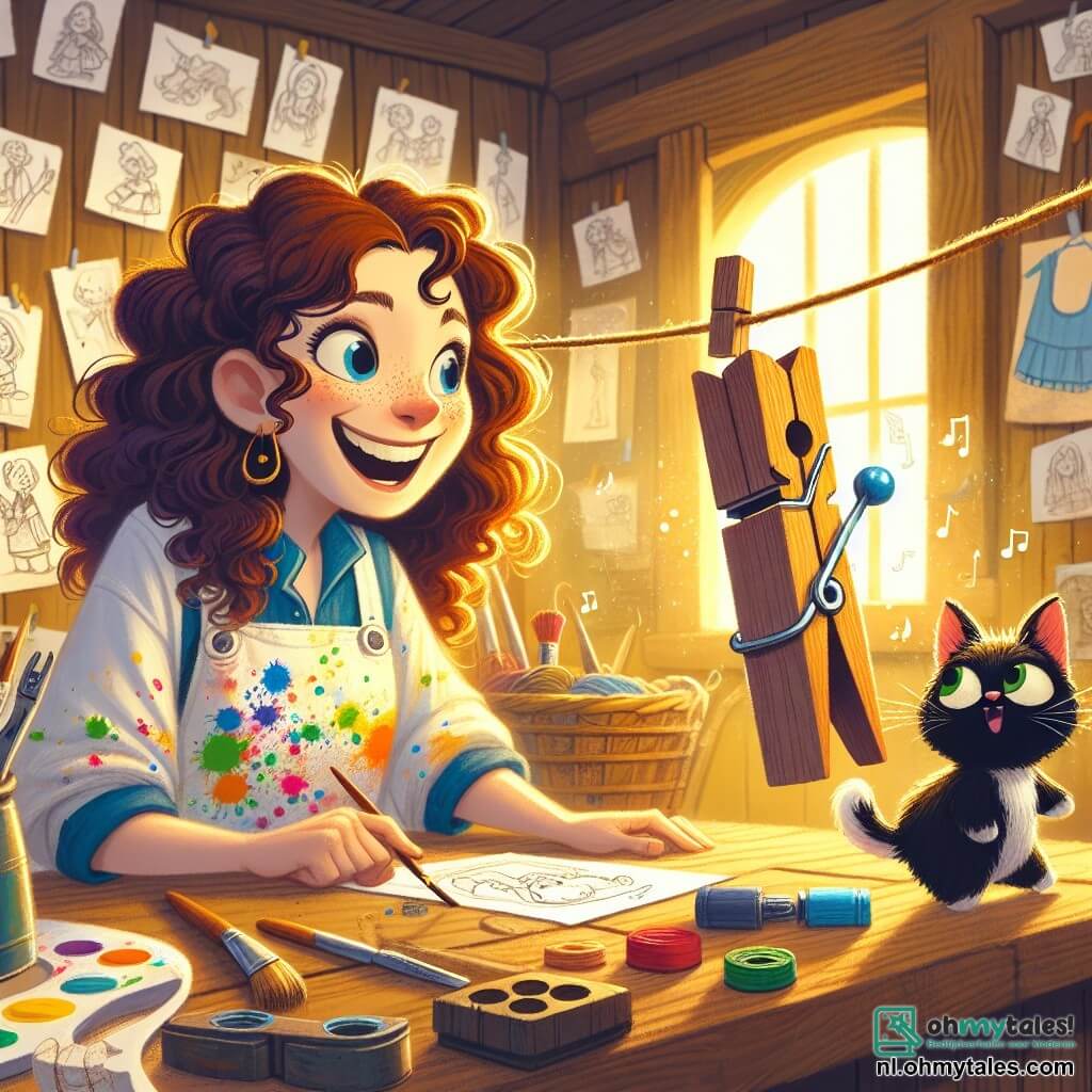 Tessa, een vrouw met krullend kastanjebruin haar, draagt een kleurrijke blouse vol verfspatten. Haar gezicht straalt van opwinding terwijl ze haar creatie, een grappige wasknijper die loopt en zingt, observeert. Naast haar ligt een zwarte kat met groene ogen, nieuwsgierig kijkend naar de scène, met zijn oren rechtop, alsof hij een show verwacht. De scène speelt zich af in Tessa's kleine werkplaats, een charmante houten hut vol gereedschap, onderdelen en schetsen aan de muren, verlicht door het gouden zonlicht dat door het raam valt. Tessa drukt op een knop en kijkt verwonderd naar haar wasknijper die begint te lopen, terwijl hij probeert een kleurrijk T-shirt aan een waslijn te hangen, terwijl kleine muzieknoten om hen heen zweven en een vrolijke, magische sfeer creëren.