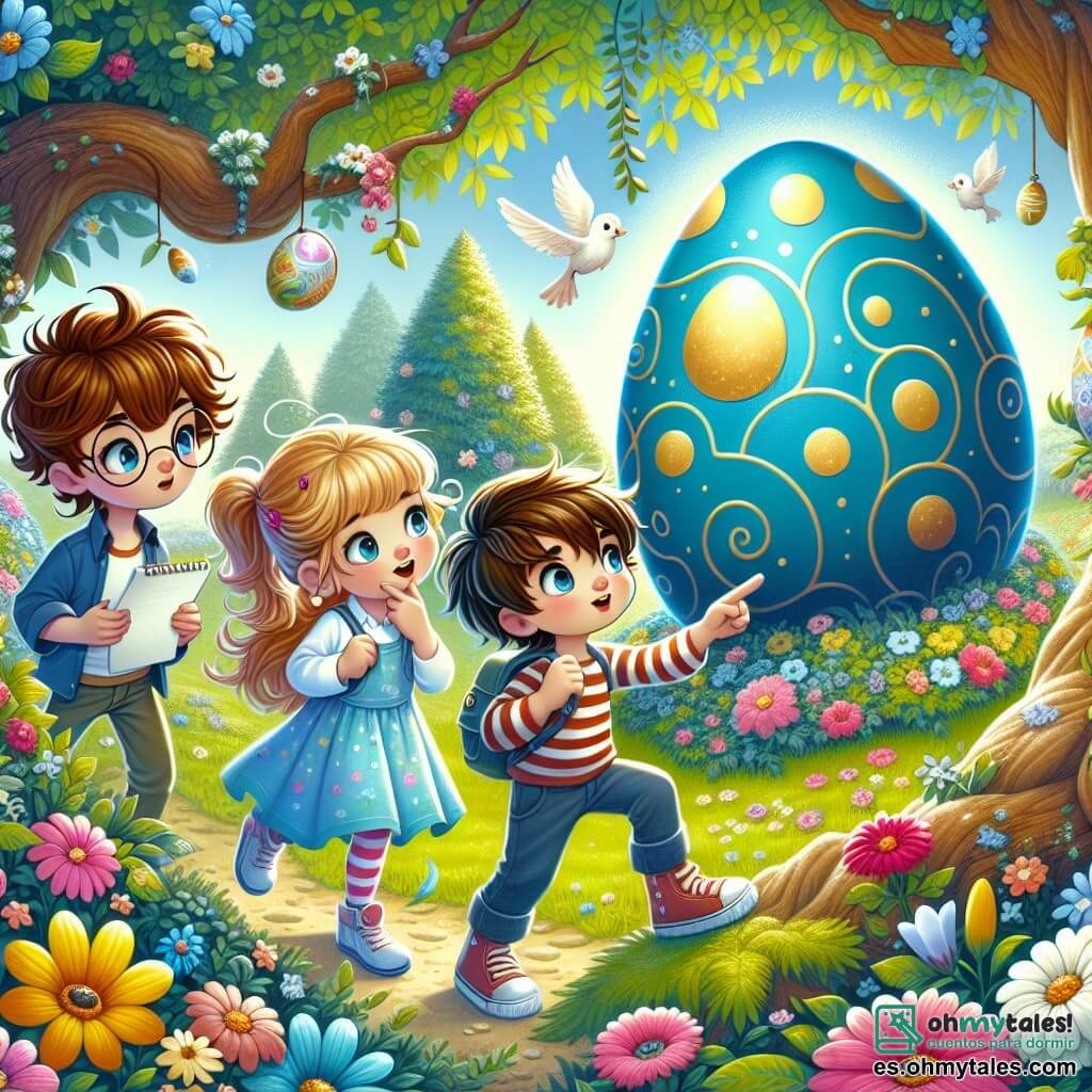 En un parque en flor, tres niños están reunidos: Lucas, un niño de seis años con cabello castaño y ojos brillantes, sostiene un gran huevo de Pascua azul brillante con manchas doradas. A su derecha, Marta, una niña con cabello rubio y trenzas, sonríe señalando un árbol con hojas en espiral, su rostro iluminado por la emoción. A la izquierda, Pedro, un niño de cabello castaño y gafas redondas, observa una nota colgada de una rama, con aire pensativo. El parque está lleno de flores coloridas, grandes árboles verdes y un cielo azul claro salpicado de nubes blancas y esponjosas. A lo lejos, un jardín de margaritas mágicas danza suavemente al ritmo del viento, creando una atmósfera encantada. Los niños descubren un huevo de Pascua gigante y siguen pistas misteriosas para resolver un enigma, llevándolos a un jardín mágico donde las flores cantan.
