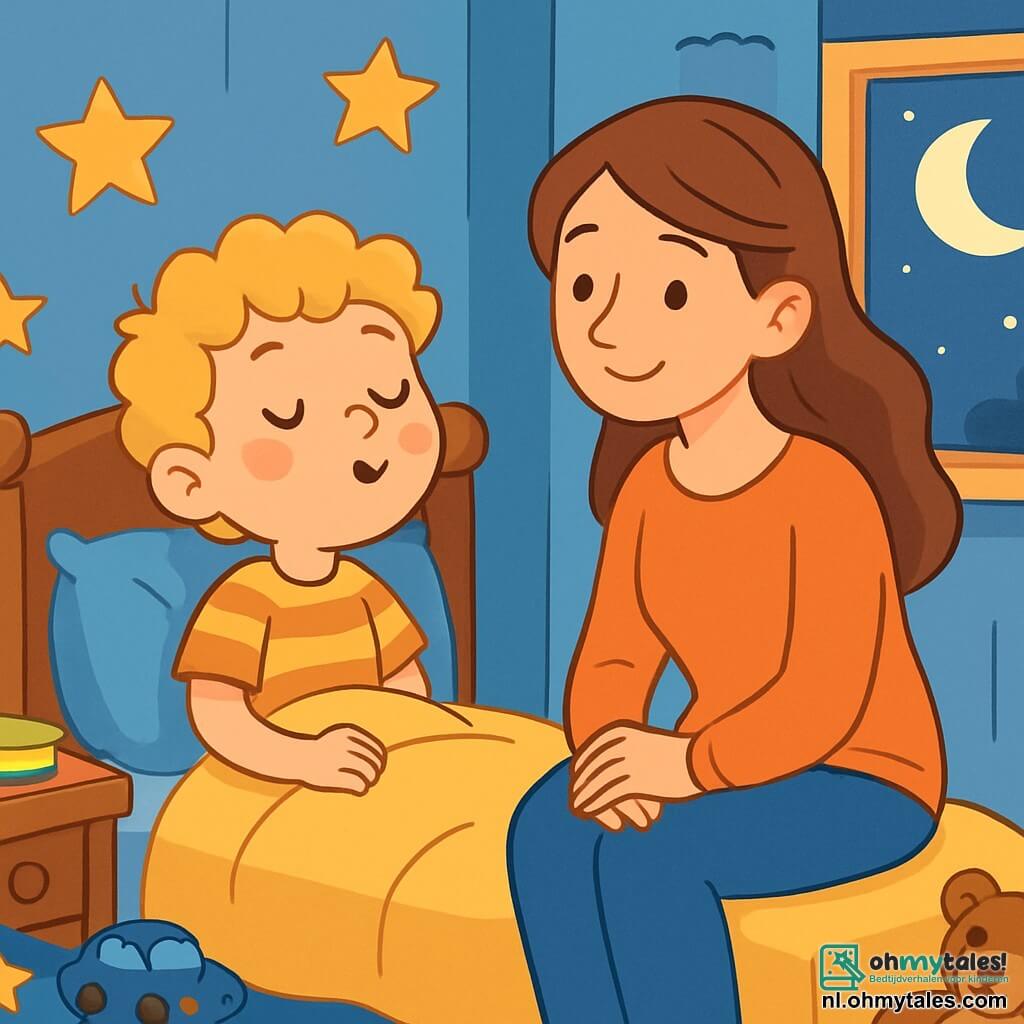 Een 6-jarig jongetje genaamd Finn, met blond, krullend haar en grote, nieuwsgierige ogen, zit op zijn bed. Hij heeft een serene glimlach op zijn gezicht, zijn wangen zijn lichtroze, terwijl hij zijn ogen sluit en diep inademt, klaar om in een wereld van dromen te duiken. Naast hem zit zijn moeder, een vriendelijke vrouw van ongeveer 30 jaar met lang kastanjebruin haar, op de rand van het bed, met een welwillende blik. Ze draagt een comfortabele trui en kijkt Finn met genegenheid aan, haar handen op haar knieën. De scène speelt zich af in een warme kamer met lichtblauwe muren, gouden sterren aan het plafond en een groot raam dat het maanlicht binnenlaat, dat de kamer zachtjes verlicht. Een klein houten bureau is gevuld met boeken en speelgoed ligt verspreid over de vloer. Finn ademt diep in, omringd door een vredige sfeer, terwijl een zacht licht van het raam een magische ambiance creëert. De kamer straalt rust en sereniteit uit, uitnodigend tot ontspanning en betoverende dromen.
