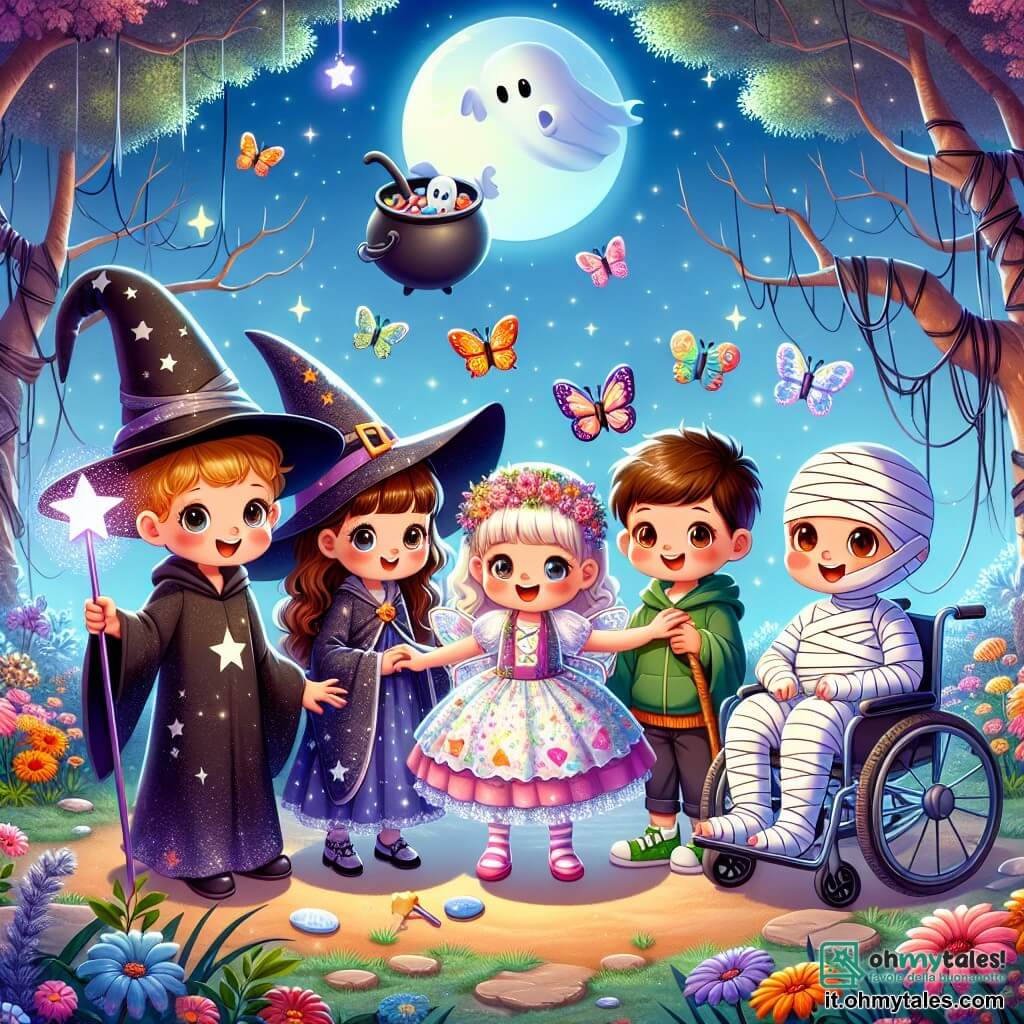 In una radura incantata, cinque bambini si trovano insieme, illuminati dalla dolce luce della luna. Marco, un ragazzo di 8 anni, indossa un grande cappello da stregone nero e una veste stellata, tenendo una bacchetta magica scintillante. Accanto a lui, Sara, una ragazza di 7 anni, è travestita da farfalla con ali colorate che brillano sotto la luna. Luca, un ragazzo di 9 anni, è avvolto in bende bianche, assomigliando a una mummia, con un grande sorriso sul volto. Giulia, una ragazza di 8 anni in sedia a rotelle, indossa un costume da strega con un cappello a punta, radiosa di gioia. Infine, Pippo, un piccolo fantasma amichevole, fluttua sopra di loro, con un volto sorridente e occhi scintillanti. La radura è circondata da alberi dai tronchi contorti, le cui foglie brillano come stelle. Fiori colorati danzano dolcemente nel vento, e un grande calderone nero, pieno di caramelle, si trova al centro, emettendo un bagliore magico. I bambini, riuniti attorno al calderone, si preparano a pronunciare insieme la parola magica "Amicizia" per aprire il calderone e scoprire i tesori dolci che contiene, superando le loro paure e celebrando l'amicizia.