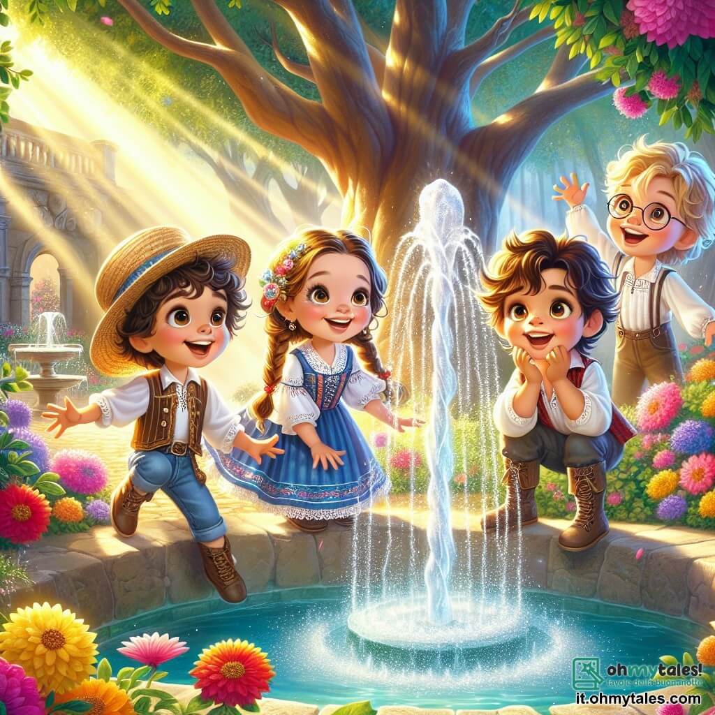 In un magnifico giardino magico, quattro bambini si trovano attorno a una fontana scintillante. Marco, un ragazzo di 10 anni con capelli ricci e un sorriso splendente, guarda con meraviglia l'acqua che zampilla. Elena, una ragazza di 9 anni con grandi occhi brillanti e trecce dorate, è accovacciata vicino alla fontana, ascoltando attentamente il mormorio dell'acqua. Luca, un ragazzo di 8 anni con occhiali tondi e un cappello di paglia, ride facendo gesti comici. Sofia, una ragazza di 9 anni con capelli lunghi e neri, è seduta su una pietra con un libro aperto, guardando i suoi amici con un sorriso sognante. Il giardino è pieno di fiori colorati, alberi maestosi e una luce soffusa che crea un'atmosfera incantevole. I bambini discutono gioiosamente dei misteri della vita, ascoltando le storie che la fontana sembra sussurrare.