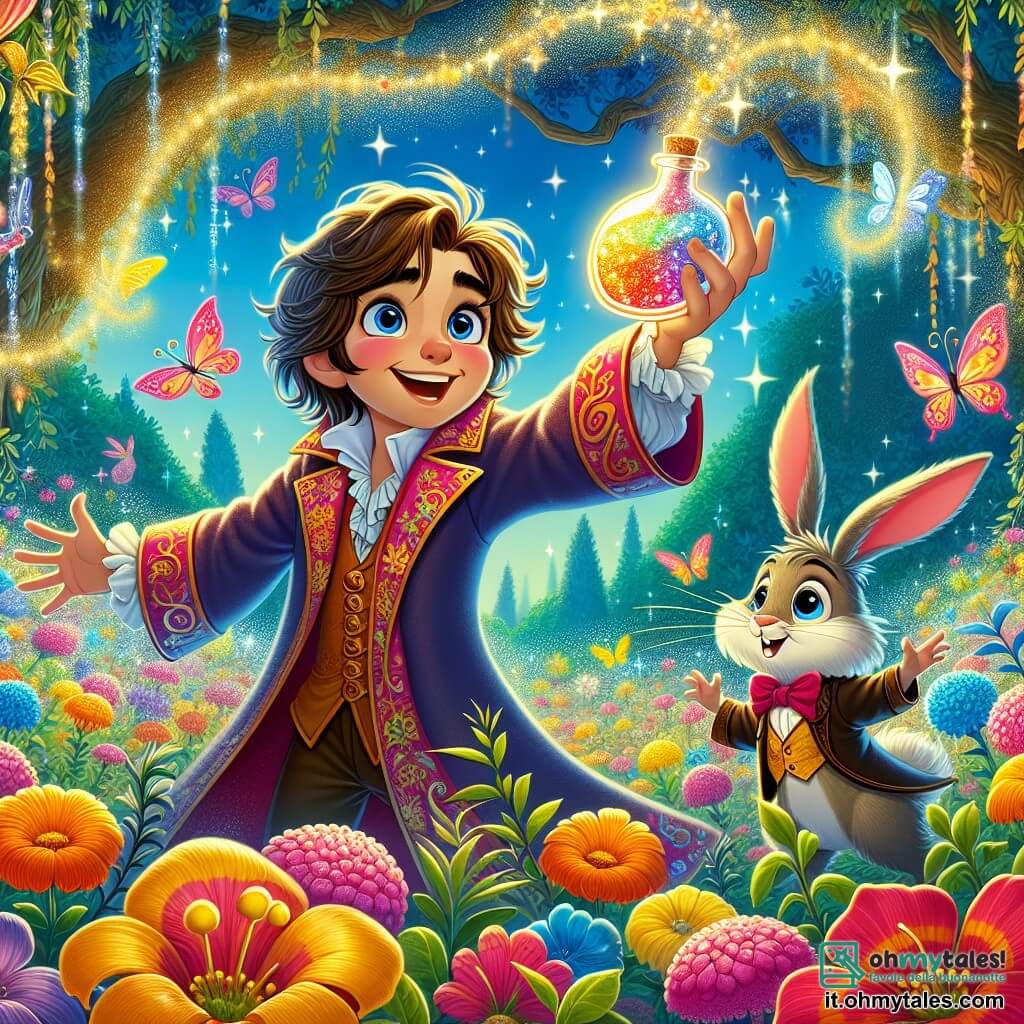 Filiberto, un giovane stregone dai capelli arruffati e con un grande vestito colorato, si trova al centro di un giardino incantato, il suo volto illuminato da un sorriso meravigliato. Tiene in mano una bottiglia brillante, pronto a versare una pozione magica su fiori colorati che danzano gioiosamente intorno a lui. Accanto a lui, il Signor Saltellante, un elegante coniglietto che indossa un cilindro, osserva con occhi scintillanti di curiosità, le sue piccole zampe alzate come se fosse pronto a saltare di gioia. Il giardino è un luogo fatato, pieno di fiori splendido di tutti i colori, farfalle che svolazzano nell'aria e alberi maestosi con foglie scintillanti. In fondo, un cielo azzurro chiaro illumina la scena, creando un'atmosfera gioiosa e magica. La scena principale mostra Filiberto che versa la pozione sui fiori, mentre si preparano a trasformarsi in magnifici fiori che, sebbene non danzino più, sembrano vibrare di una nuova vita.