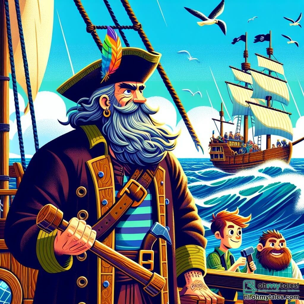 Een man, Kapitein Stormbaard, staat trots op het dek van zijn schip, De Donderkrab. Hij heeft een lange grijze baard die in de wind waait, en zijn ogen stralen van opwinding en vastberadenheid. Hij draagt een piratenhoed met een kleurrijke veer en een versleten leren mantel. Naast hem slaat een jonge man, Hamerhand, ongeveer 25 jaar oud, met een grote hamer op een plank, met zichtbare spieren en een geconcentreerd gezicht. Verderop roert Grommante Gijs, de kok, een corpulente man van ongeveer 40 jaar, in een grote pan soep, met een vlekken schort en een joviale uitdrukking.

De achtergrond toont een uitgestekte blauwe oceaan onder een zonnige lucht, met glinsterende golven en meeuwen die boven hen vliegen. Het schip is van hout, met witte zeilen en een zwarte vlag die in de wind wappert.

De belangrijkste situatie laat Kapitein Stormbaard zien die een oude schatkaart ontdekt, zijn gezicht verlicht door opwinding, terwijl de zee om hen heen lijkt te trillen van avontuur en mysterie.