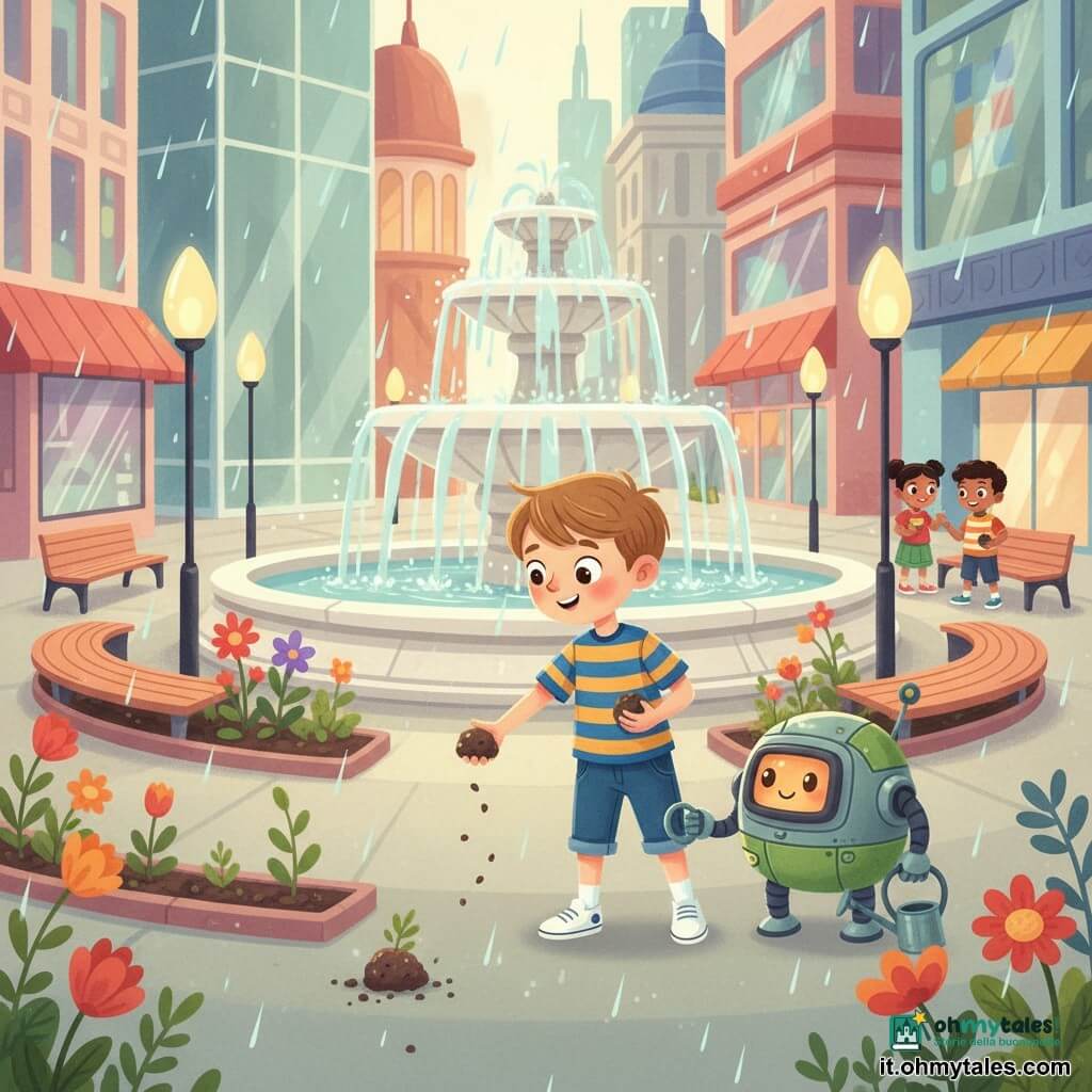Un bambino di 6 anni, entusiasta e meravigliato, capelli castano chiaro corti, occhi grandi e brillanti, con maglietta a righe blu e gialla, jeans corti e sneakers bianche, lancia delicatamente una piccola palla di terra e semi verso un'aiuola; un robot giardiniere piccolo e rotondo, metallo chiaro con pannelli verdi e occhi-luce ambrati che sorride su uno schermo, tiene un annaffiatoio e sta accanto a lui leggermente dietro a destra; la scena è una piazza urbana futuristica con una grande fontana di pietra bianca, vasche trasparenti, lampioni a goccia, panchine curve e edifici di vetro colorati; si vedono palline di semi che si schiudono al suolo, giovani germogli verdi che emergono, fiori vivaci (rosso, arancio, viola) intorno alla fontana e qualche goccia di pioggia scintillante.