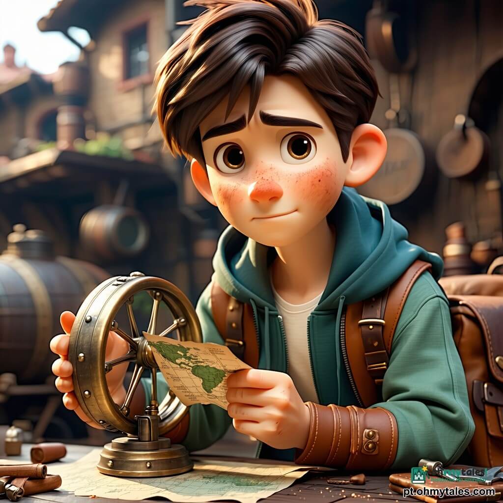 Um menino de 10 anos, Pedro, sério e maravilhado, cabelos castanhos bagunçados, marcas de fuligem no rosto, jaqueta de lona verde com cotoveleiras de couro, segura um papel amassado (seu mapa dos silêncios) e aciona delicadamente uma pequena roda mecânica brilhante chamada roda-eco; atrás e à direita, uma mulher de ~40 anos, a capitã-coordenadora, cabelos grisalhos azulados presos em coque, casaco pesado cor latão, observa com orgulho, braços cruzados e sorriso suave; à esquerda de Pedro, uma mulher idosa, Mestra Tic, metade máquina metade humana, pele enrugada, um olho-lupa metálico, jaleco manchado de óleo, ajusta uma lente brilhante sobre a roda, inclinada, concentrada e benevolente; ao fundo, duas crianças (uma menina ~9 anos com tranças e jardineira laranja, e um menino ~8 anos com boné e óculos redondos) observam boquiabertas segurando pequenas ferramentas e sininhos miniatura; o ateliê dos Segundos é uma grande sala circular repleta de engrenagens douradas, tubos de cobre, mostradores luminosos, poeira de estrelas visível como partículas brilhantes, paredes de pedra com croquis pendurados e uma ampla janela redonda por onde entra um raio de luz fria; cena: teste da roda-eco em funcionamento — a roda gira e emite um halo de ondulações coloridas (azul pálido e dourado) que acalmam uma tênue onda de éter visível como fumaça luminosa; rostos expressam espanto e alívio, atmosfera calorosa e inventiva, composição centrada em Pedro e na roda.