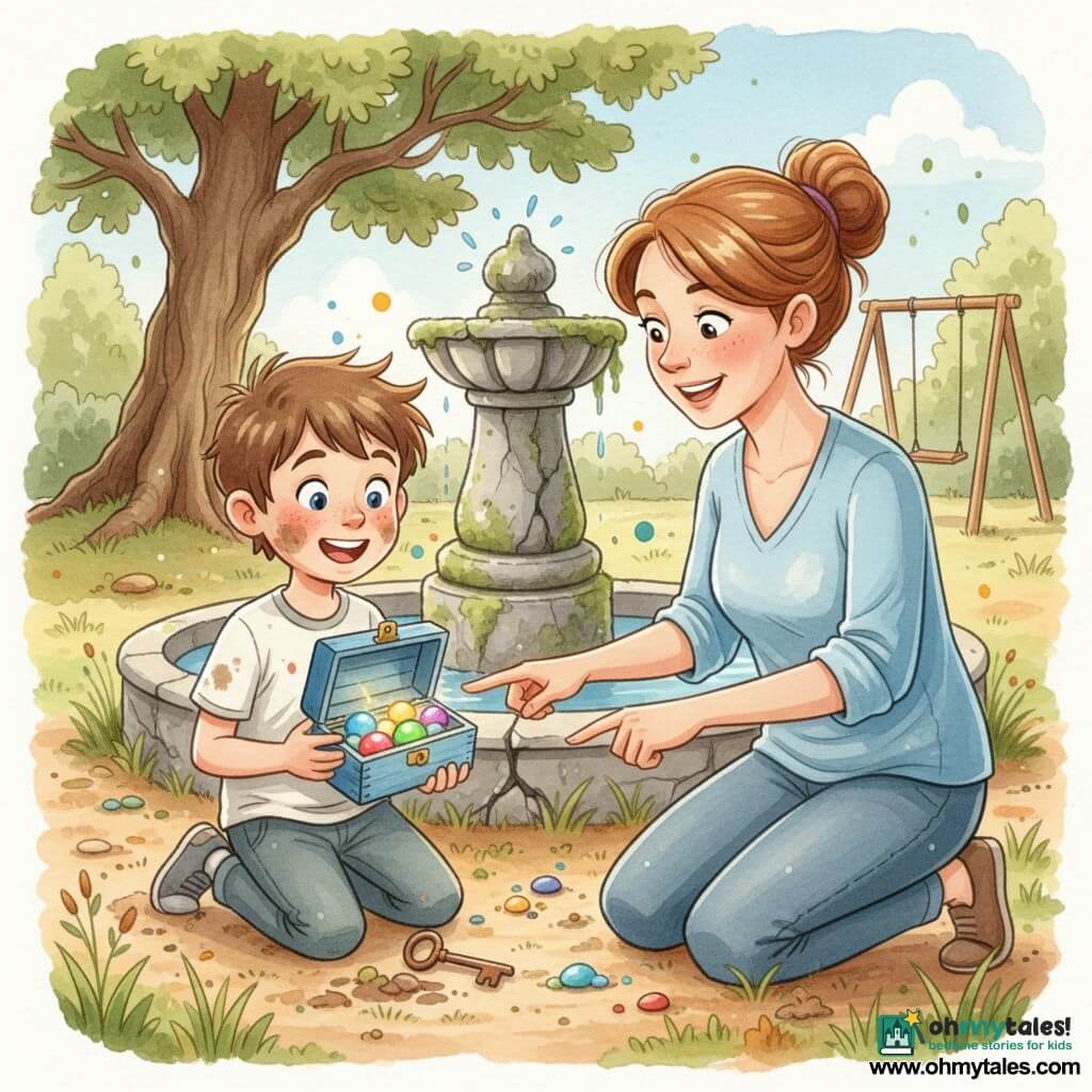 An 8-year-old boy, excited and wide-eyed with tousled brown hair and slightly dirty cheeks, holds an open small blue wooden box, smiling in surprise at sparkling colorful stones inside; his mother, about 30–40 with chestnut hair in a bun and a gentle smile, crouches to his right with one hand on his shoulder and the other pointing to the box; they stand in a sunny neighborhood park with bare earth and wild grass, an old cracked moss-covered stone fountain at the center, a wooden swing and a large twisted oak in the background; the box is lifted from the dirt with a rusty key beside it and polished bright stones (red, green, blue, yellow) glinting in the light, warm atmosphere and visible textures of wood, stone and moss.