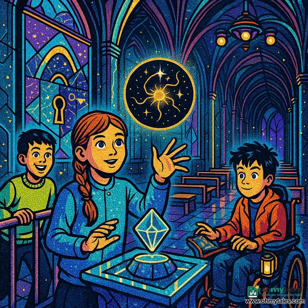 Three characters: Lina, 12, light chestnut braided hair, curious eyes, blue jacket with silver threads, standing center before a crystal console reaching toward a floating black glittering sphere; Jory, 12, short dark hair, mischievous smile, lime-green sweater, left of Lina clinging to a railing and gazing at suspended sail-screens; Tom, 12, tousled black hair, in a compact wheelchair with lanterns, rust jacket, right of Lina tapping a touch panel. They are inside a vast cathedral-ship with long nave, polished metal arches, fixed benches, shiny mosaic floor and large sail-screens like modern stained glass showing star charts; drone-chandelier above and neon turquoise, violet and gold light on dark stone veined with luminous circuits. The three children and an off-frame captain gather around a Chorus Core — a black sphere with golden electrical filaments suspended above a crystal altar — while the screens project an arch of light and an eye-key symbol; tense but benevolent atmosphere, saturated pop colors, strong contrasts, crisp graphic details.