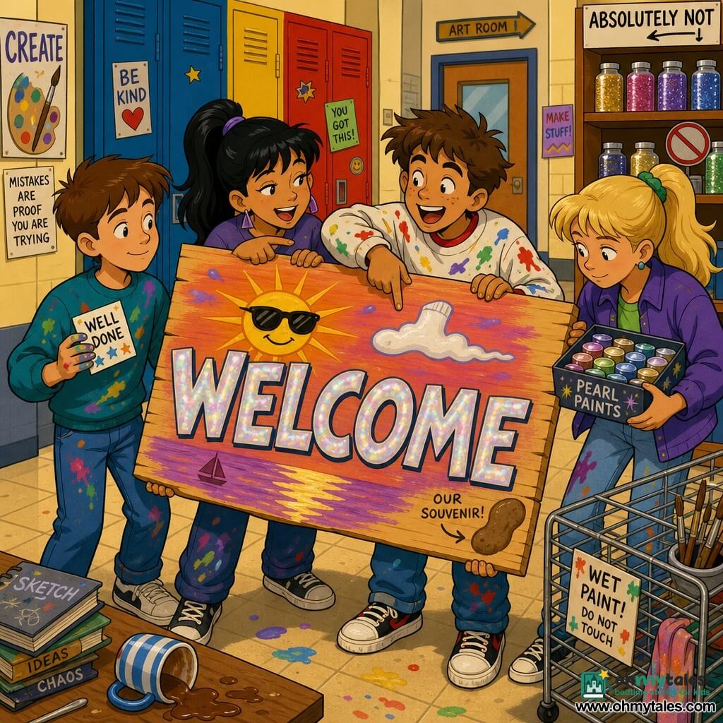 Milo, 12, calm smile and short brown hair, holding a small "WELL DONE" card and a corner of a large light-wood sign painted with an orange-pink sunset and thick nacreous "WELCOME" letters; Jada, ~12, black ponytail, mischievous grin, holding another corner and looking at the paint as if telling a joke; Theo, ~12, messy brown hair, exaggerated smile, paint-stained sweatshirt, pointing at a sunglass-wearing sun on the sign; Lina, ~12, tied blonde hair, focused gentle look, holding a pearlescent paint box beside the sign; they carry the sign together in a bright school hallway with beige tiled floor and colorful lockers, a drying rack with brushes and paint pots nearby, a shelf labeled "ABSOLUTELY NOT" with out-of-reach glitter, fresh paint and nacreous reflections catching the light, a small potato-shaped brown stain near the lower corner, a spilled teacup far on a table and a sock-shaped cloud painted on the sign, creating a warm, joyful, slightly chaotic scene.