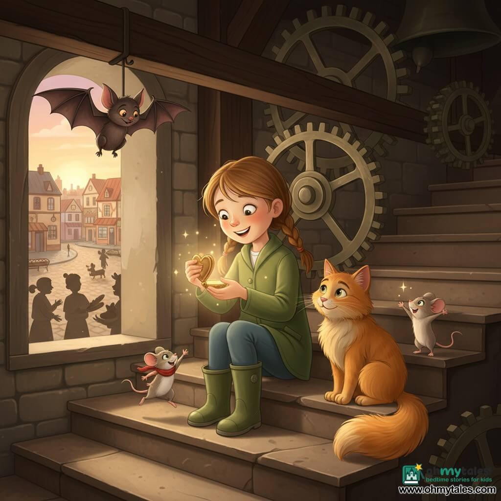 A smiling 6-year-old girl named Franc with light brown pigtails, wearing a green jacket and green rubber boots, kneels on the worn stone belfry steps holding a small heart-shaped locket that emits a soft golden glow; an orange fluffy cat named Milo sits to her right with its tail curled around her leg watching the light, a light-gray mouse boy called Tock perches on a clock gear behind her looking down as if to help open the box, a tiny mouse girl named Pip with a red scarf stands on a nearby step reaching joyfully toward the locket, and a bat named Bitty hangs folded from the wooden belfry ceiling calmly observing; the old belfry features wide worn stone steps, dark wooden beams, shiny metal gears and an open window overlooking the village square with a distant bakery and colorful houses, and at sunrise the warm golden light from the locket casts a soft halo lighting faces while villagers in the square smile and share small offerings (bread, toys), creating a benevolent, magical atmosphere in a warm color palette (gold, amber, pale pink) with soft contrasts and textured gradients.