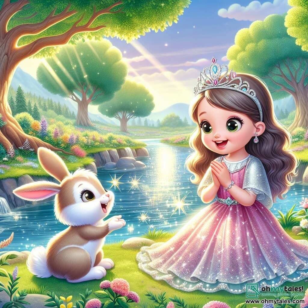 Princess Lily, an 8-year-old girl, wears a sparkling pink dress and a silver crown. With sparkling eyes and a radiant smile, she kneels by the Magic River, hands clasped to make a wish. Beside her, Benny the Bunny, an adorable rabbit with big ears and white fur, looks at her with admiration, sitting on his hind legs, excited to make a wish too. The scene unfolds by a shimmering river, surrounded by majestic trees with vibrant green leaves and colorful flowers swaying in the breeze. Sunlight filters through the branches, creating glimmers on the water. The main focus is on Princess Lily and Benny the Bunny, united in a magical moment as they wish for a happy future for their enchanted forest.