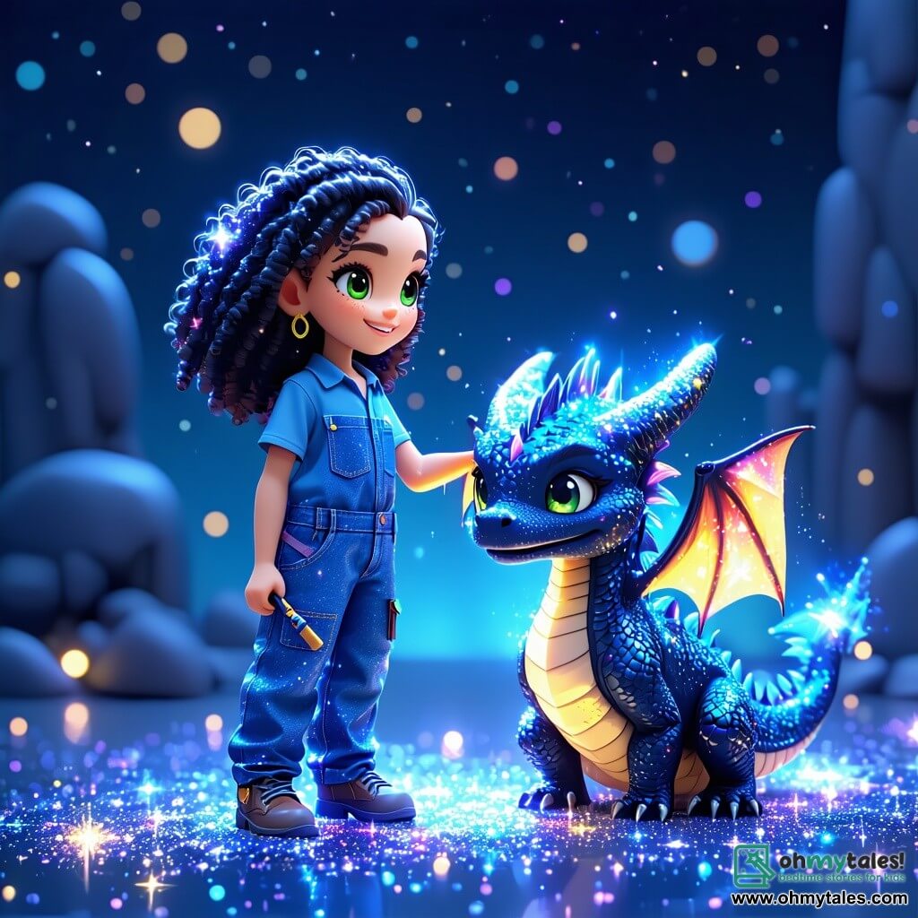 Zara Starshine, a young woman with curly night-colored hair and sparkling green eyes, stands on a shimmering stardust floor. She wears a shiny blue jumpsuit and holds a magical tool, displaying a determined and joyful smile, ready to create something wonderful. Beside her, Spark, a small dragon with color-changing scales, joyfully flies around her, leaving trails of golden glitter with his shimmering wings. Nearby, Zog, a three-eyed alien with an orange nose, watches in awe, his arms full of colorful decorations for the festival. His expression is one of excitement and joy as he prepares to help his new friends. The setting features the giant Crystal Comet, illuminated by twinkling stars and surrounded by colorful planets. The ground is dotted with bright crystals and luminescent flowers, creating a magical and festive atmosphere. The main scene shows Zara, Spark, and Zog joyfully collaborating to organize the Stardust Festival, with bursts of light and color dancing around them, symbolizing the friendship and magic that unite their galaxy.