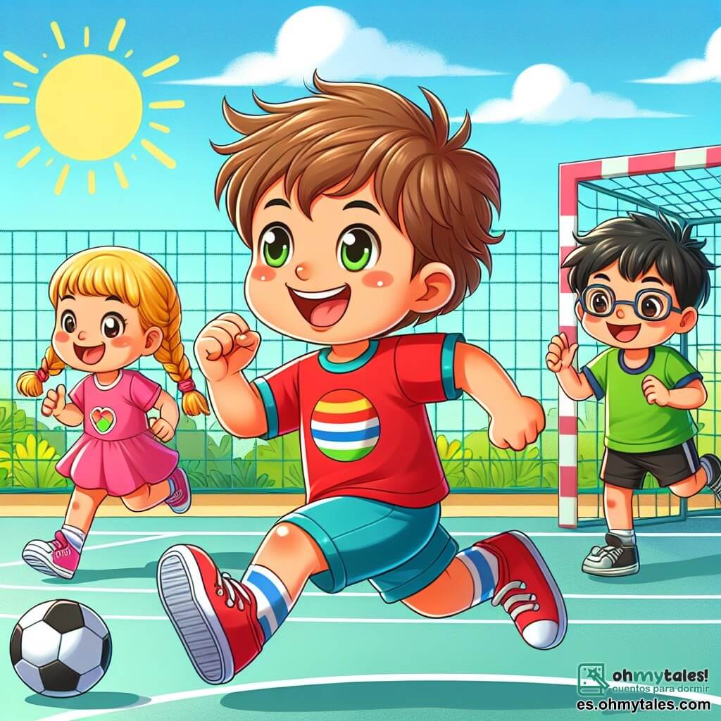 Un niño de 2 años, con cabello castaño desordenado y una gran sonrisa, corre alegremente en una cancha de balonmano. Lleva una camiseta roja brillante y un pantalón corto azul, con ojos que brillan de emoción. Junto a él, una niña de 3 años, con trenzas rubias y un vestido rosa, lo anima levantando los brazos. Tiene una sonrisa radiante y usa zapatillas blancas. Un niño de 4 años, con cabello negro y gafas, está driblando el balón, concentrado y decidido. Lleva una camiseta verde y pantalones cortos negros. La cancha de balonmano está rodeada de muros coloridos, con líneas blancas en el suelo. El sol brilla en un cielo azul y árboles verdes se alzan al fondo, añadiendo un toque de naturaleza a la escena. La situación principal muestra al niño corriendo hacia sus amigos, todos juntos, listos para marcar un gol, llenos de alegría y energía, ilustrando el espíritu de equipo y el placer del deporte.