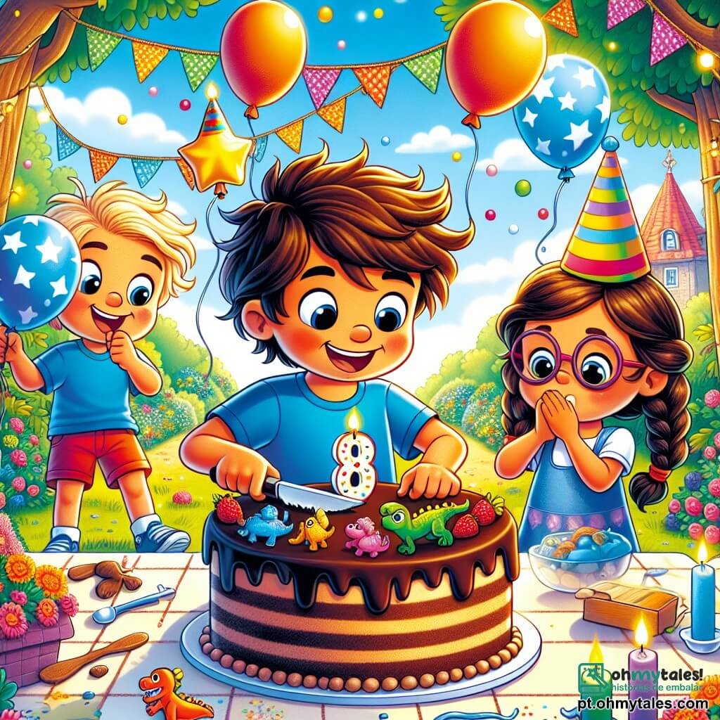 Um menino de 8 anos, Lucas, com cabelos castanhos bagunçados e um grande sorriso no rosto, está no centro da cena, segurando um enorme bolo de chocolate decorado com pequenos dinossauros de açúcar. Ele veste uma camiseta azul vibrante e um short vermelho, e seus olhos brilham de excitação e alegria. À sua direita, Maria, uma menina de 7 anos com cabelos longos e loiros trançados, ri segurando um balão em forma de estrela, enquanto à sua esquerda, João, um menino de 8 anos com óculos redondos e cabelos negros, tenta inflar um balão, soprando com determinação. A cena acontece em um jardim ensolarado, cheio de balões coloridos flutuando no ar, com guirlandas festivas penduradas nas árvores e um grande tapete de grama verde onde as crianças brincam. A situação principal mostra Lucas cortando seu bolo de aniversário, cercado por seus amigos que se divertem tentando pegar mini-dinossauros escondidos dentro do bolo, enquanto risadas e gritos de alegria ecoam no ar.
