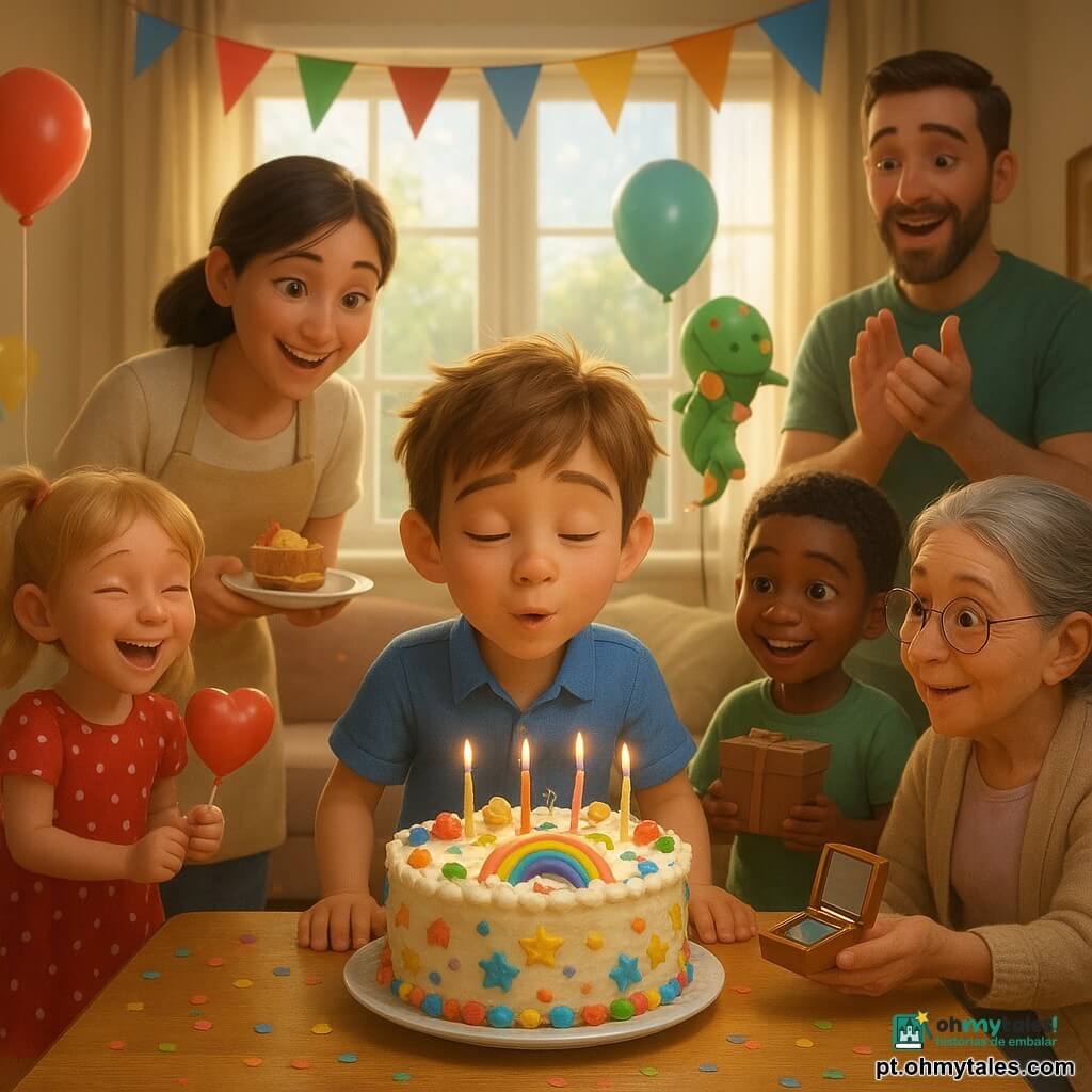 Um menino de 8 anos, sorridente e emocionado, cabelo castanho claro desgrenhado e olhos avelã, veste camisa azul e bermuda com bolsos e sopra as velas de um bolo redondo decorado com estrelas e confeitos coloridos; à sua esquerda, a irmã Leonor, cerca de 6 anos, cabelos loiros em duas tranças e vestido vermelho às bolinhas brancas, ri a saltitar e segura um pequeno balão em forma de coração; a mãe, cerca de 35 anos, cabelos castanhos presos e avental leve, sorri inclinada sobre a mesa segurando um prato com fatias de bolo; o pai, cerca de 36 anos, de barba rala e camiseta verde, aplaude perto da porta; a avó, cerca de 65 anos, cabelos grisalhos em coque, sentada, oferece um pequeno estojo com espelho; três amigos da mesma idade — Inês com um chapéu engraçado, David com uma caixinha misteriosa e Margarida com um balão de dragão — estão ao redor sorrindo; a sala é luminosa, decorada com guirlandas, balões e confetes, com uma grande janela e um tapete macio sob a mesa; cena principal: momento festivo e caloroso em que a família e amigos aplaudem enquanto o menino apaga as velas e um pequeno espelho brilhante é o presente especial.