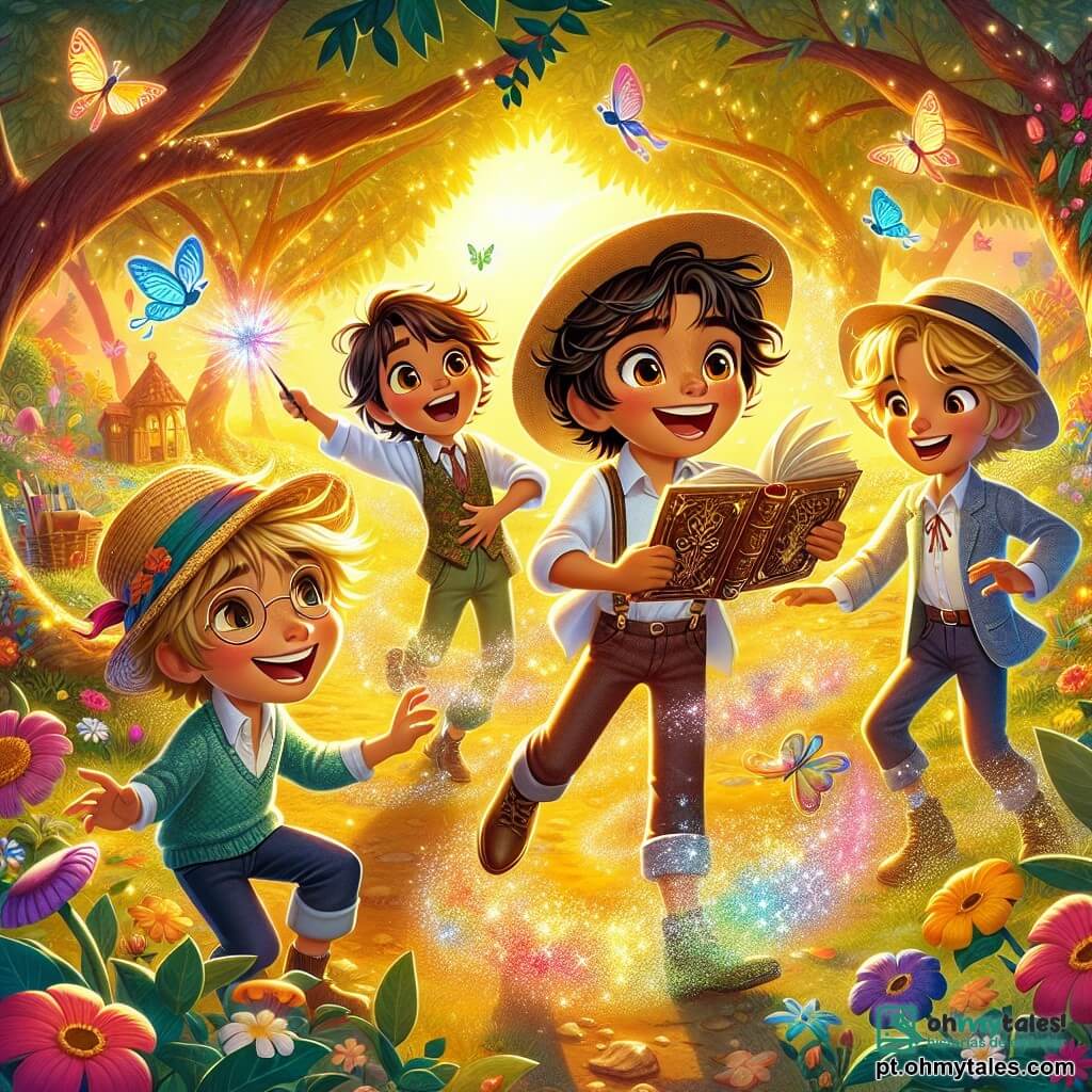 Em uma clareira encantada, quatro meninos estão no centro, cercados por flores coloridas e árvores com folhas cintilantes. Tico, um garoto de nove anos com cabelo desgrenhado e um grande sorriso, segura um livro de magia, os olhos brilhando de emoção. À sua esquerda, Zé, um menino de óculos redondos e cabelo castanho, ri segurando a barriga, enquanto Beto, um garoto loiro com um chapéu de palha, aponta para uma explosão de cores no ar. Por fim, Léo, um menino de cabelo preto e expressão séria, observa a cena com um sorriso travesso, pronto para lançar um desafio. A clareira é banhada por luz dourada, com raios de sol filtrando através das árvores, iluminando os rostos das crianças. Borboletas multicoloridas voam ao redor, acrescentando um toque de magia à atmosfera. No centro da cena, Tico tenta lançar um feitiço de levitação em uma vassoura, mas ela explode em mil pedaços, criando uma nuvem de poeira colorida que envolve os meninos, fazendo todos rirem.