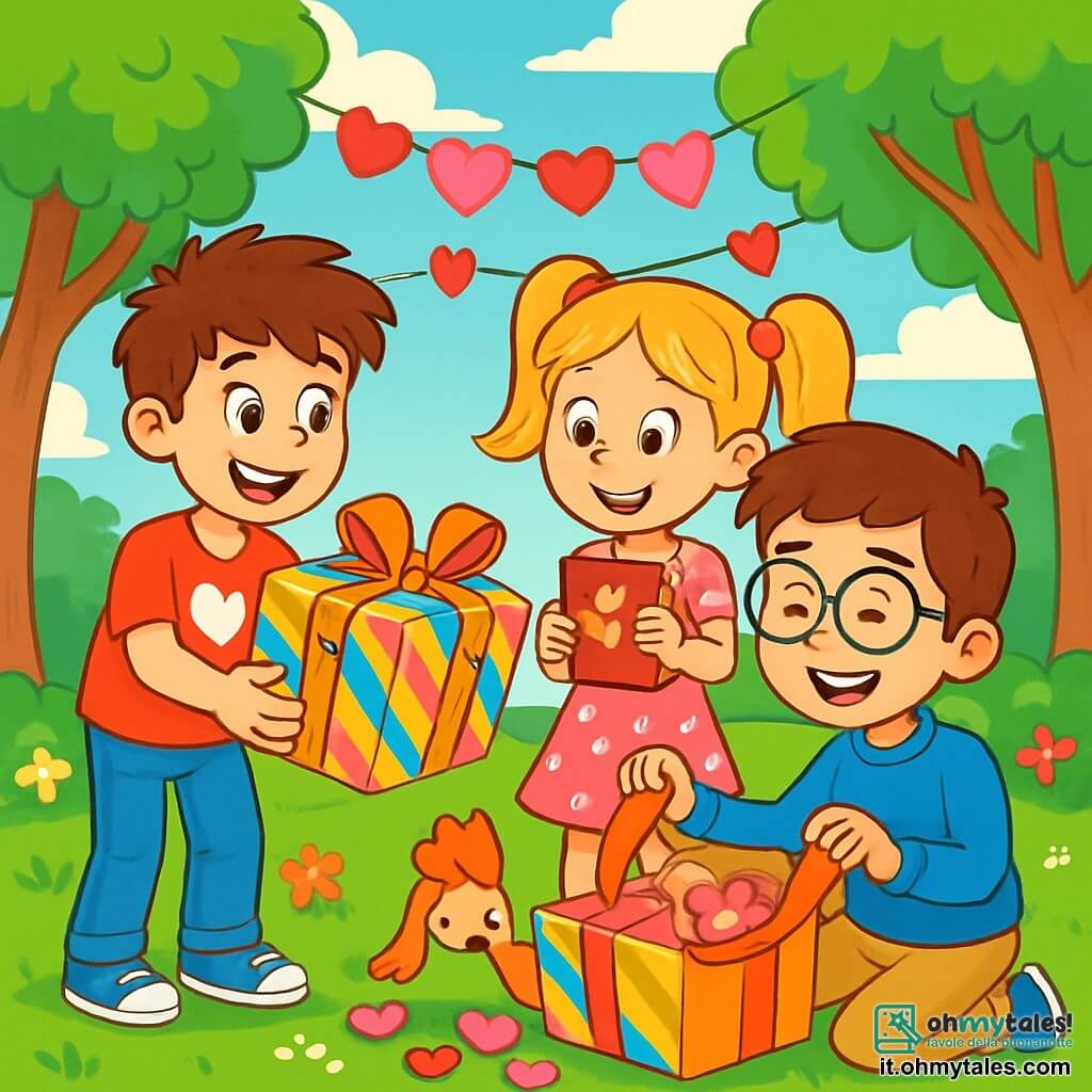 Ci sono 3 personaggi: Marco, un ragazzo di 10 anni con capelli castani disordinati e occhi vivaci, indossa una maglietta rossa con un cuore bianco e jeans blu, tiene un grande pacco regalo decorato con nastri colorati; Giulia, una ragazza di 10 anni con lunghi capelli biondi raccolti in due codini, indossa un vestito rosa a pois bianchi e ballerine, sorride felicemente tenendo un piccolo quaderno rosso con cuori dorati; Luca, un ragazzo di 10 anni con capelli castani e occhiali rotondi, indossa un maglione blu e pantaloni beige, sta aprendo il pacco con un grande sorriso, scoprendo le dolci sorprese all'interno. I tre amici si trovano in un parco soleggiato, circondati da alberi con foglie verdi brillanti e fiori colorati. Festoni di cuori rossi e rosa fluttuano nell'aria, creando un'atmosfera festosa. Sullo sfondo si vede un cielo azzurro chiaro con alcune nuvole bianche e soffici. La scena principale mostra Marco e Giulia che sorprendono Luca con un regalo speciale per San Valentino, mentre risate e sorrisi illuminano i loro volti, con dolci a forma di cuore sparsi attorno a loro, aggiungendo un tocco di magia a questo momento di amicizia e gioia.