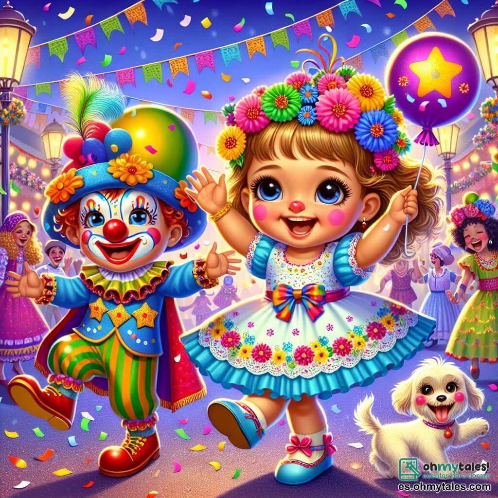 Una niña de 2 años, Luna, con grandes ojos brillantes y una sonrisa radiante, lleva un bonito vestido azul adornado con flores de colores. Baila alegremente, con los brazos levantados, rodeada de confeti multicolor que cae a su alrededor. Junto a ella, un niño de 4 años, un payaso con una gran nariz roja y cabello rizado, hace muecas riendo, sosteniendo un globo en forma de estrella. Un perrito con un sombrero divertido, que parece muy emocionado, salta a su alrededor, moviendo su cola con entusiasmo. El escenario es una calle animada y festiva, llena de decoraciones coloridas, guirnaldas luminosas y gente con trajes brillantes. Flores de papel y plumas flotan en el aire, creando un ambiente alegre. Luna, el payaso y el perrito se divierten juntos, bailando y riendo al ritmo de la música del carnaval, rodeados de risas y colores vivos.